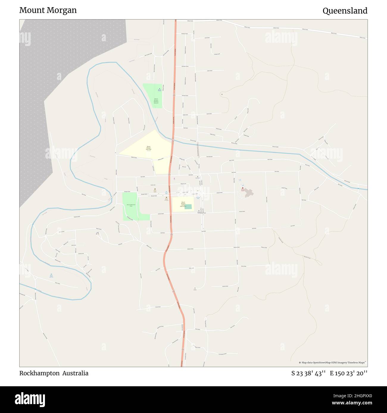 Mount Morgan, Rockhampton, Australien, Queensland, S 23 38' 43'', E 150 23' 20'', Karte, Timeless Map veröffentlicht im Jahr 2021. Reisende, Entdecker und Abenteurer wie Florence Nightingale, David Livingstone, Ernest Shackleton, Lewis and Clark und Sherlock Holmes haben sich bei der Planung von Reisen zu den entlegensten Ecken der Welt auf Karten verlassen.Timeless Maps kartiert die meisten Orte auf der Welt und zeigt die Verwirklichung großer Träume Stockfoto