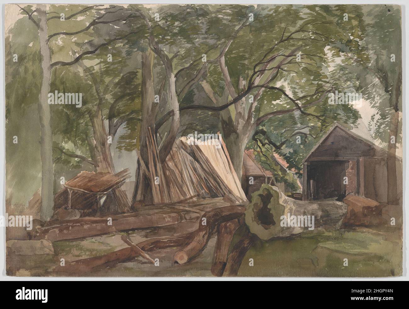 Räumung mit einer Holzmühle 1847 (?) John Middleton British Middleton gehörte der Norwich School an, einer lockeren Vereinigung von Künstlern mit regionaler Identität, die von John Crome (1768–1821) und John Sell Cotman (1782–1842) zu Beginn geführt wurde. Middleton, ein Mitglied der nächsten Generation, malte feine, ausdrucksstarke Aquarelle, bevor er im Alter von 29 Jahren dem Konsum erlag. Die lockere Pinselarbeit von „Clearing with a Lumber Mill“ ist charakteristisch für das frühe Werk des Künstlers, und das Thema deutet auf ein Datum von 1847 hin. In diesem Jahr blieb Middleton in London, um an der Royal Academy und British ins auszustellen Stockfoto