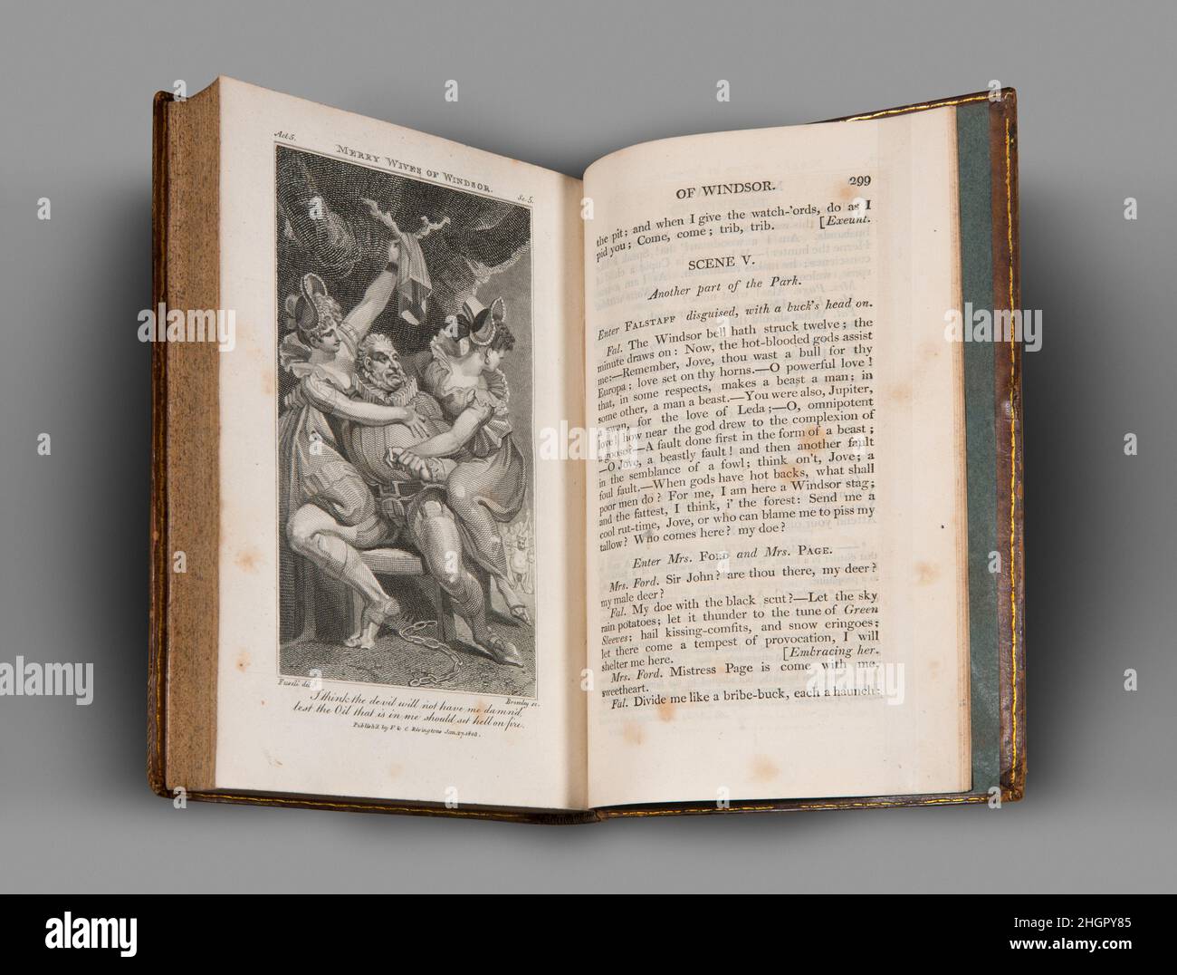 Die Stücke von William Shakespeare, Band 1, enthält The Tempest, Two Gentlemen of Verona, Merry Wives of Windsor 1805 William Shakespeare der Brite Fuseli entwarf die Illustrationen in diesem zehnbändigen Satz von Shakespeare-Stücken, herausgegeben von George Steevens und 1803 veröffentlicht. Bromleys Print für die fröhlichen Frauen von Windsor reagiert auf Akt 5, Szene 5, wo Falstaff nachts im Windsor Great Park schnell Mistress Ford und Mistress trifft. Der Druck übersetzt eine lose Skizze aus der Sammlung des Museums (1975.131.232) in ein streng kontrolliertes Bild, ohne dass der Fantasie Details überlassen werden. Eine hohe Degr Stockfoto