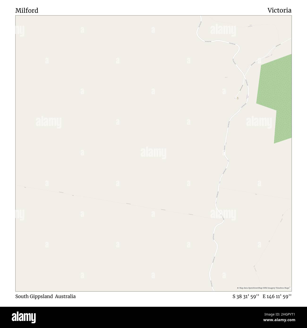 Milford, South Gippsland, Australien, Victoria, S 38 31' 59'', E 146 11' 59'', map, Timeless Map veröffentlicht im Jahr 2021. Reisende, Entdecker und Abenteurer wie Florence Nightingale, David Livingstone, Ernest Shackleton, Lewis and Clark und Sherlock Holmes haben sich bei der Planung von Reisen zu den entlegensten Ecken der Welt auf Karten verlassen.Timeless Maps kartiert die meisten Orte auf der Welt und zeigt die Verwirklichung großer Träume Stockfoto