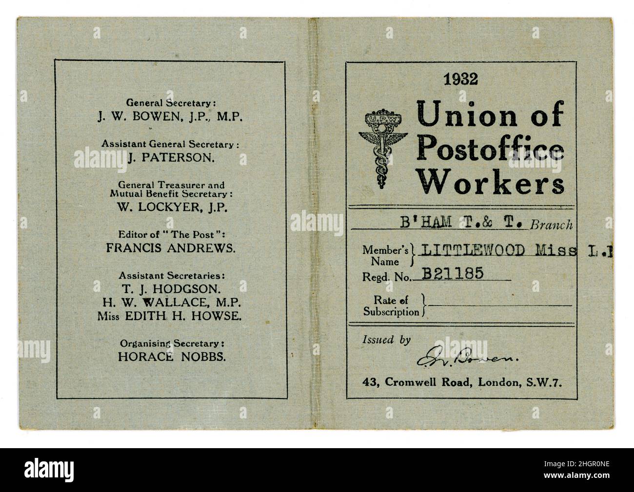 Vorder- und Rückseite der ursprünglichen Union of Postoffice Workers (UPW), möglicherweise eine Mitgliedskarte, mit Quittungen, die für Abonnementzahlungen protokolliert wurden - Niederlassung Birmingham T. & T., datiert 1932, Großbritannien Stockfoto
