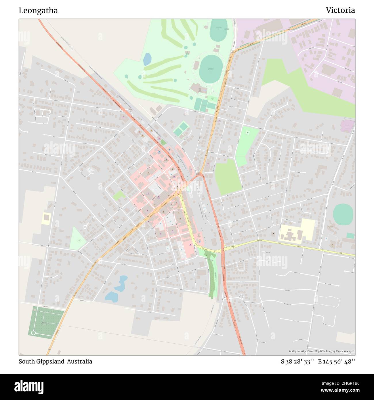 Leongatha, South Gippsland, Australien, Victoria, S 38 28' 33'', E 145 56' 48'', Karte, Timeless Map veröffentlicht im Jahr 2021. Reisende, Entdecker und Abenteurer wie Florence Nightingale, David Livingstone, Ernest Shackleton, Lewis and Clark und Sherlock Holmes haben sich bei der Planung von Reisen zu den entlegensten Ecken der Welt auf Karten verlassen.Timeless Maps kartiert die meisten Orte auf der Welt und zeigt die Verwirklichung großer Träume Stockfoto