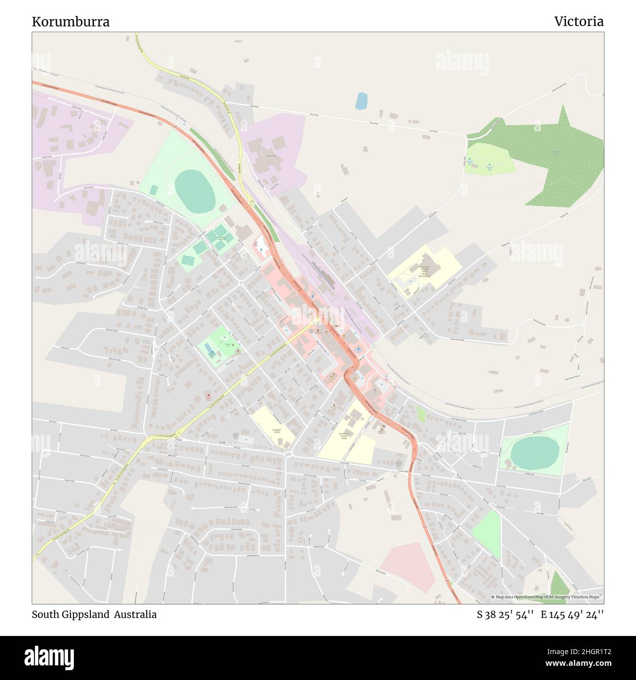 Korumburra, South Gippsland, Australien, Victoria, S 38 25' 54'', E 145 49' 24'', map, Timeless Map veröffentlicht im Jahr 2021. Reisende, Entdecker und Abenteurer wie Florence Nightingale, David Livingstone, Ernest Shackleton, Lewis and Clark und Sherlock Holmes haben sich bei der Planung von Reisen zu den entlegensten Ecken der Welt auf Karten verlassen.Timeless Maps kartiert die meisten Orte auf der Welt und zeigt die Verwirklichung großer Träume Stockfoto