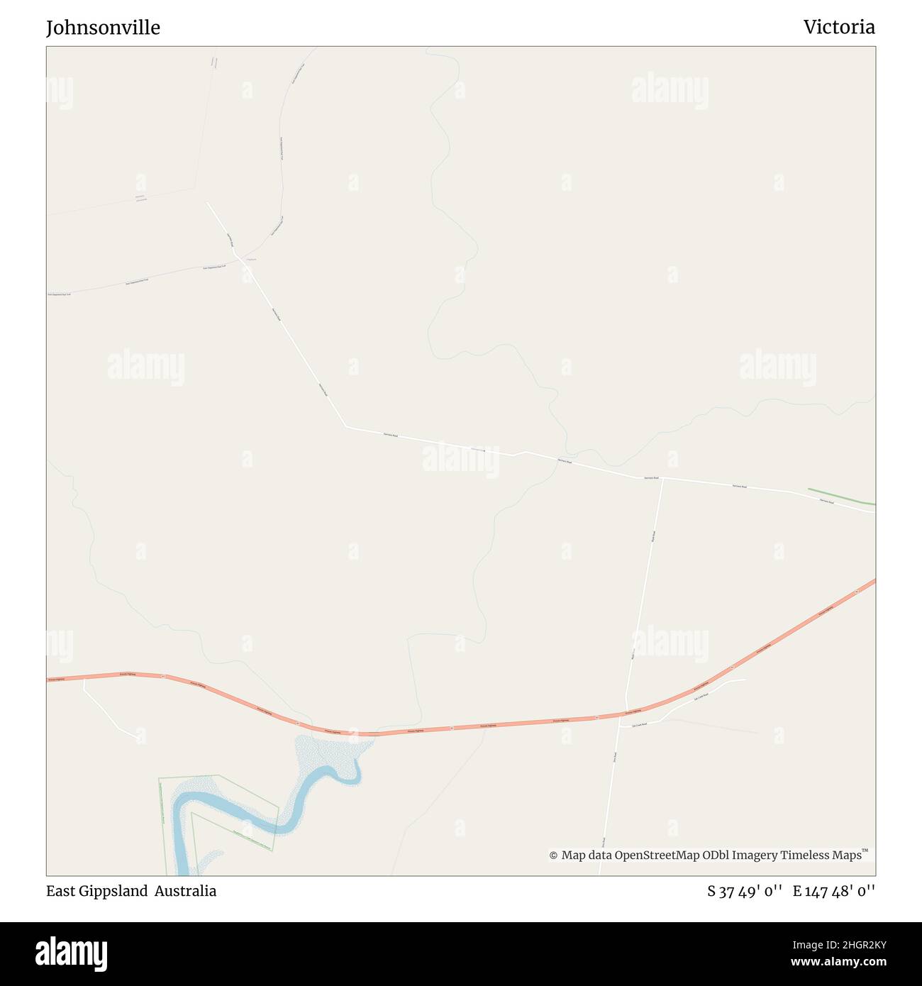 Johnsonville, East Gippsland, Australien, Victoria, S 37 49' 0'', E 147 48' 0'', map, Timeless Map veröffentlicht im Jahr 2021. Reisende, Entdecker und Abenteurer wie Florence Nightingale, David Livingstone, Ernest Shackleton, Lewis and Clark und Sherlock Holmes haben sich bei der Planung von Reisen zu den entlegensten Ecken der Welt auf Karten verlassen.Timeless Maps kartiert die meisten Orte auf der Welt und zeigt die Verwirklichung großer Träume Stockfoto