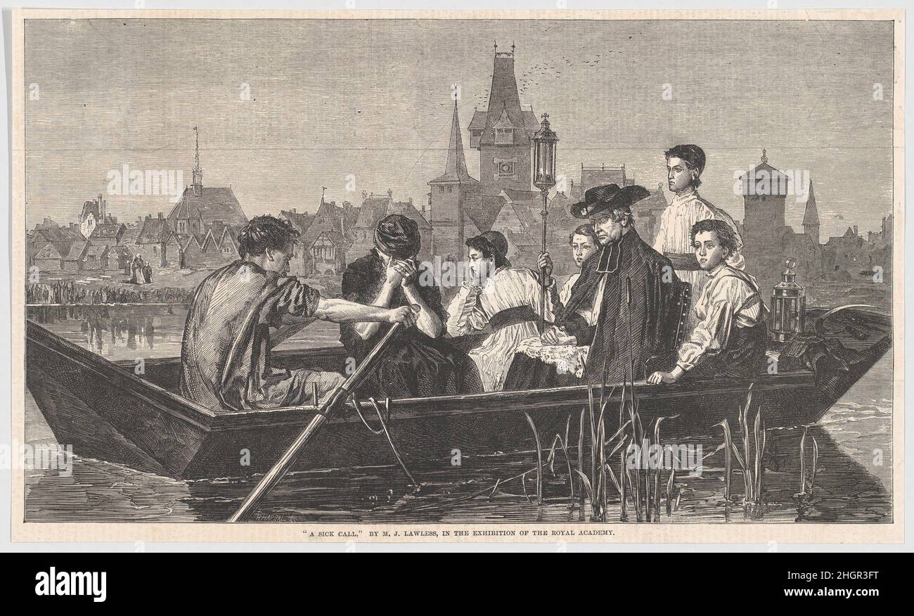 Ein Krankenruf aus 'Illustrated London News' 25. Juli 1863 Horace Harral Ein Priester wird in einem Boot gerudert, begleitet von Altarjungen, während eine Frau neben dem Ruderer weint. Die Architektur deutet auf eine Umgebung in Belgien oder Norddeutschland hin. Lawless wurde in Dublin als Sohn einer wohlhabenden römisch-katholischen Familie geboren, reiste in Frankreich und den Niederlanden und verfolgte eine vielversprechende Karriere in London, als sein Leben 1864 durch Tuberkulose gekürzt wurde. Das macht das gegenwärtige Thema zu einem ergreifenden Thema, da die Prognose für den Patienten, zu dessen Bett die religiösen Gestalten reisen – ein unha – nicht hoffnungsvoll erscheint Stockfoto