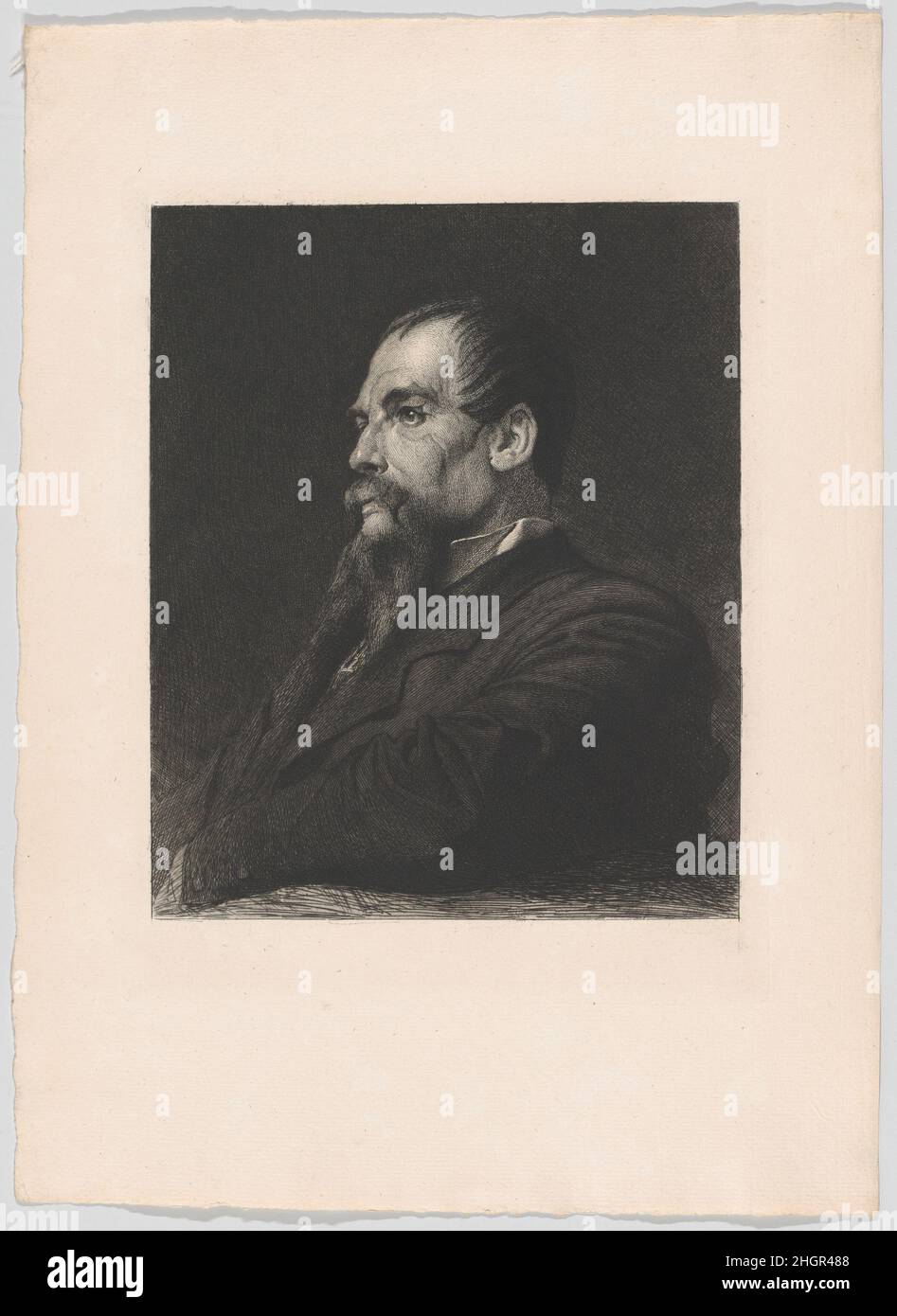 Portrait of Captain Burton, from 'The Portfolio' January 1879 Léopold Flameng dieser Druck gibt Leightons fesselndes Porträt (National Portrait Gallery, London) des berühmten Diplomaten, Entdeckers, Linguisten und Schriftstellers Sir Richard Burton wieder. Nach Angaben der Ehefrau des Sitzenden begann Leighton am 26th. April [1872], Richard zu malen, und das war sehr amüsant. Richard war so besorgt, dass er seine Krawatte und seine Nadel malen sollte, und sagte immer wieder zu ihm: „Machen Sie mich nicht hässlich, es gibt einen guten Kerl“... sowohl Richard als auch ich behielten immer die angenehmste Erinnerung an die vielen glücklichen Stunden Stockfoto