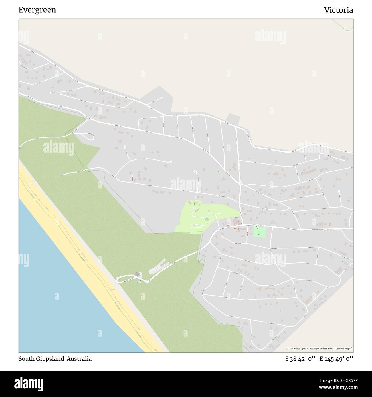 Evergreen, South Gippsland, Australien, Victoria, S 38 42' 0'', E 145 49' 0'', Karte, Timeless Map veröffentlicht im Jahr 2021. Reisende, Entdecker und Abenteurer wie Florence Nightingale, David Livingstone, Ernest Shackleton, Lewis and Clark und Sherlock Holmes haben sich bei der Planung von Reisen zu den entlegensten Ecken der Welt auf Karten verlassen.Timeless Maps kartiert die meisten Orte auf der Welt und zeigt die Verwirklichung großer Träume Stockfoto