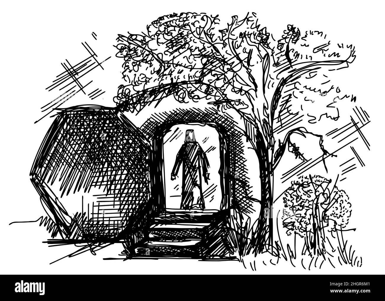 Leeres Grab von Jesus Christus. Kreuzigung auf Golgatha. Stadt Jerusalem. Osterskizze. Stock Vektor