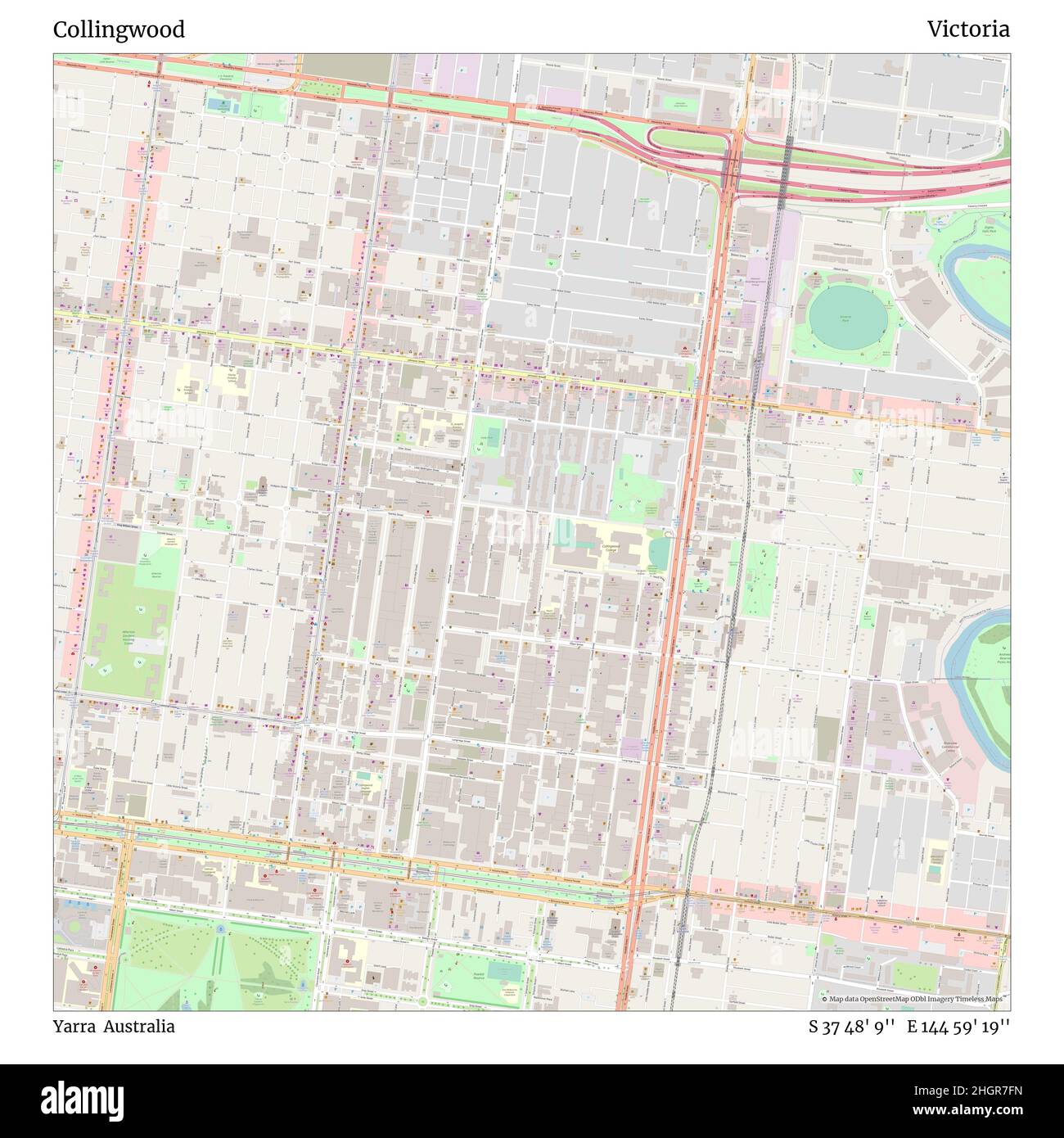 Collingwood, Yarra, Australia, Victoria, S 37 48' 9'', E 144 59' 19'', map, Timeless Map veröffentlicht im Jahr 2021. Reisende, Entdecker und Abenteurer wie Florence Nightingale, David Livingstone, Ernest Shackleton, Lewis and Clark und Sherlock Holmes haben sich bei der Planung von Reisen zu den entlegensten Ecken der Welt auf Karten verlassen.Timeless Maps kartiert die meisten Orte auf der Welt und zeigt die Verwirklichung großer Träume Stockfoto