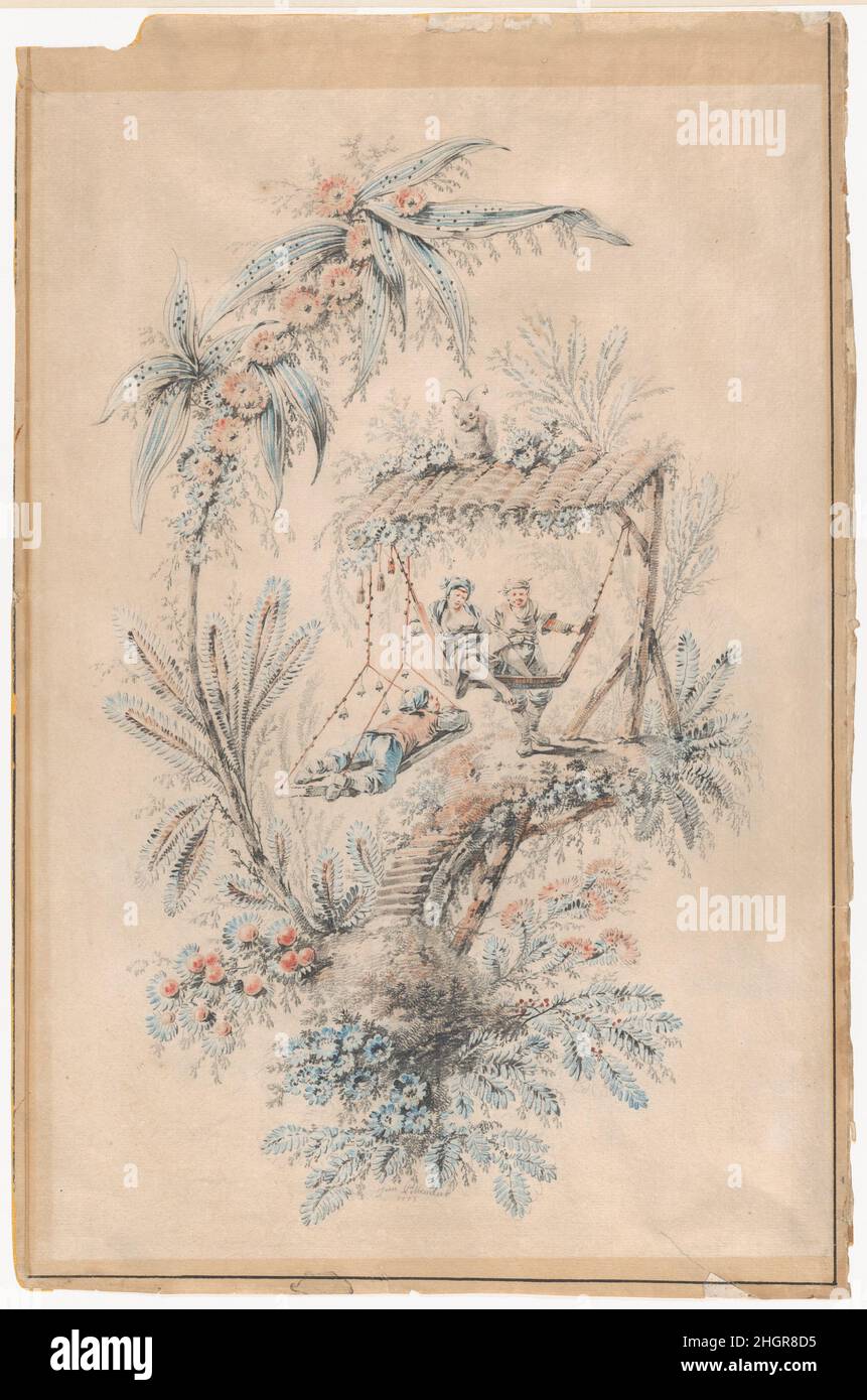 Dekorative Fantasie mit exotischen Figuren in einem Baumhaus 1771 Jean Pillement Französisch. Dekorative Fantasie mit exotischen Figuren in einem Baumhaus. Jean Pillement (Französisch, Lyon 1728–1808 Lyon). 1771. Schwarze Kreide und ein wenig rote Kreide, blaue und rote Pastelltöne, blaue und rote Wäsche. Zeichnungen Stockfoto