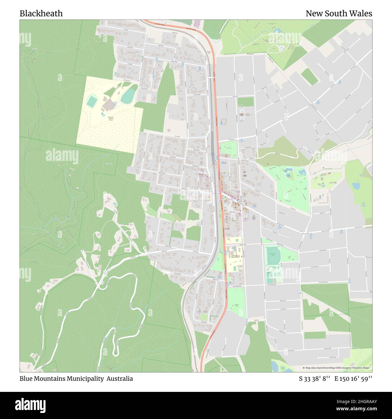 Blackheath, Blue Mountains Municipality, Australien, New South Wales, S 33 38' 8'', E 150 16' 59'', map, Timeless Map veröffentlicht im Jahr 2021. Reisende, Entdecker und Abenteurer wie Florence Nightingale, David Livingstone, Ernest Shackleton, Lewis and Clark und Sherlock Holmes haben sich bei der Planung von Reisen zu den entlegensten Ecken der Welt auf Karten verlassen.Timeless Maps kartiert die meisten Orte auf der Welt und zeigt die Verwirklichung großer Träume Stockfoto