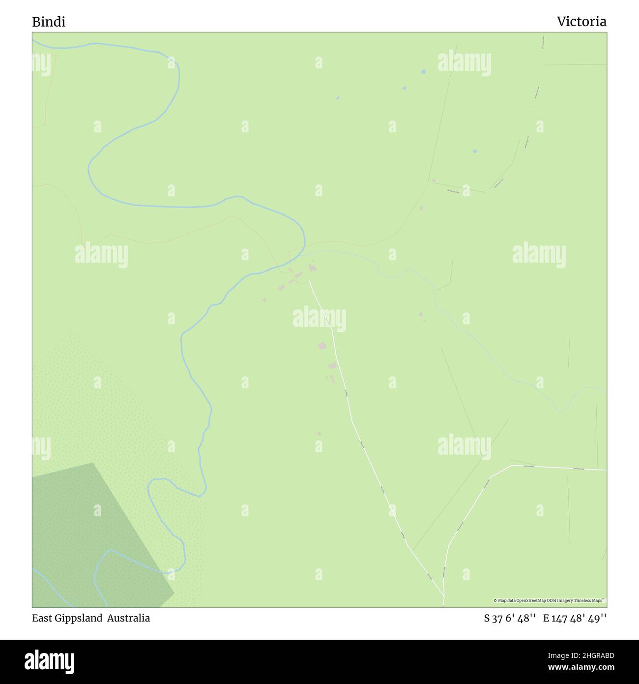 Bindi, East Gippsland, Australien, Victoria, S 37 6' 48'', E 147 48' 49'', Karte, Timeless Map veröffentlicht im Jahr 2021. Reisende, Entdecker und Abenteurer wie Florence Nightingale, David Livingstone, Ernest Shackleton, Lewis and Clark und Sherlock Holmes haben sich bei der Planung von Reisen zu den entlegensten Ecken der Welt auf Karten verlassen.Timeless Maps kartiert die meisten Orte auf der Welt und zeigt die Verwirklichung großer Träume Stockfoto