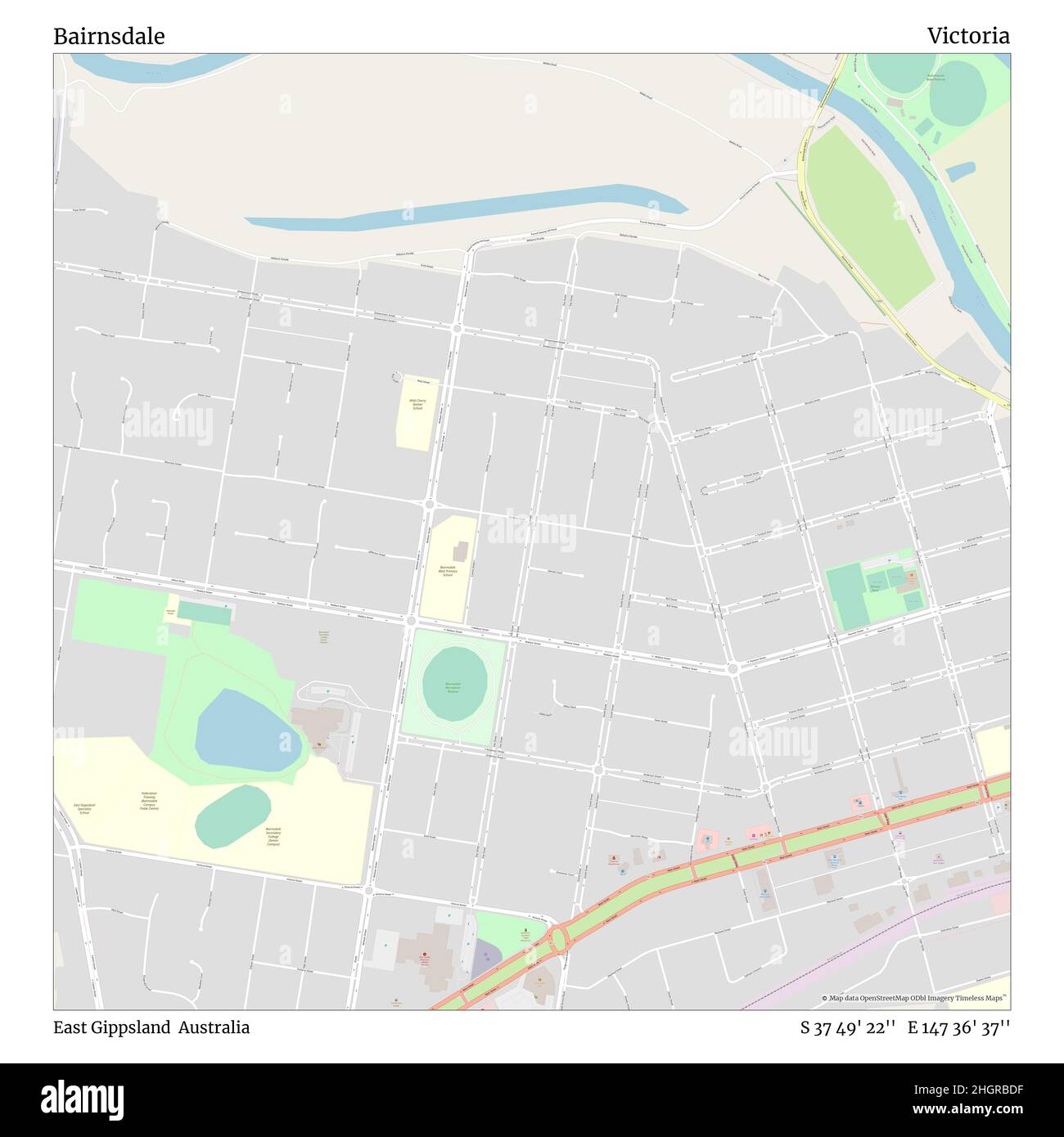 Bairnsdale, East Gippsland, Australien, Victoria, S 37 49' 22'', E 147 36' 37'', map, Timeless Map veröffentlicht im Jahr 2021. Reisende, Entdecker und Abenteurer wie Florence Nightingale, David Livingstone, Ernest Shackleton, Lewis and Clark und Sherlock Holmes haben sich bei der Planung von Reisen zu den entlegensten Ecken der Welt auf Karten verlassen.Timeless Maps kartiert die meisten Orte auf der Welt und zeigt die Verwirklichung großer Träume Stockfoto