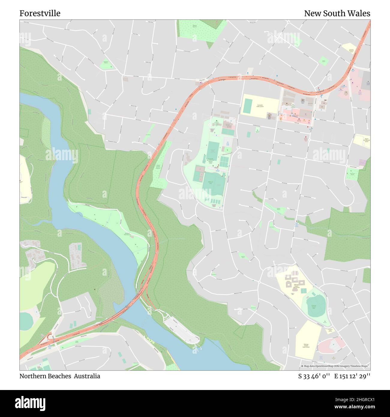 Forestville, Northern Beaches, Australien, New South Wales, S 33 46' 0'', E 151 12' 29'', map, Timeless Map veröffentlicht im Jahr 2021. Reisende, Entdecker und Abenteurer wie Florence Nightingale, David Livingstone, Ernest Shackleton, Lewis and Clark und Sherlock Holmes haben sich bei der Planung von Reisen zu den entlegensten Ecken der Welt auf Karten verlassen.Timeless Maps kartiert die meisten Orte auf der Welt und zeigt die Verwirklichung großer Träume Stockfoto