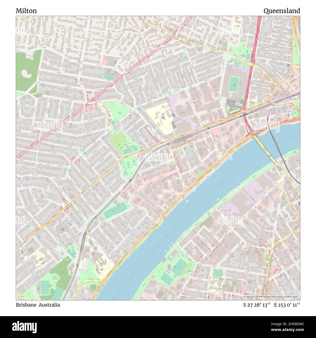 Milton, Brisbane, Australien, Queensland, S 27 28' 13'', E 153 0' 11'', map, Timeless Map veröffentlicht im Jahr 2021. Reisende, Entdecker und Abenteurer wie Florence Nightingale, David Livingstone, Ernest Shackleton, Lewis and Clark und Sherlock Holmes haben sich bei der Planung von Reisen zu den entlegensten Ecken der Welt auf Karten verlassen.Timeless Maps kartiert die meisten Orte auf der Welt und zeigt die Verwirklichung großer Träume Stockfoto