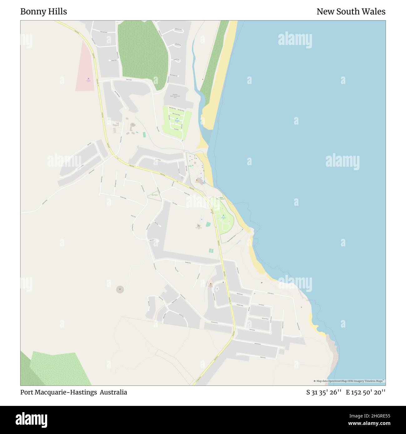 Bonny Hills, Port Macquarie-Hastings, Australien, New South Wales, S 31 35' 26'', E 152 50' 20'', map, Timeless Map veröffentlicht im Jahr 2021. Reisende, Entdecker und Abenteurer wie Florence Nightingale, David Livingstone, Ernest Shackleton, Lewis and Clark und Sherlock Holmes haben sich bei der Planung von Reisen zu den entlegensten Ecken der Welt auf Karten verlassen.Timeless Maps kartiert die meisten Orte auf der Welt und zeigt die Verwirklichung großer Träume Stockfoto