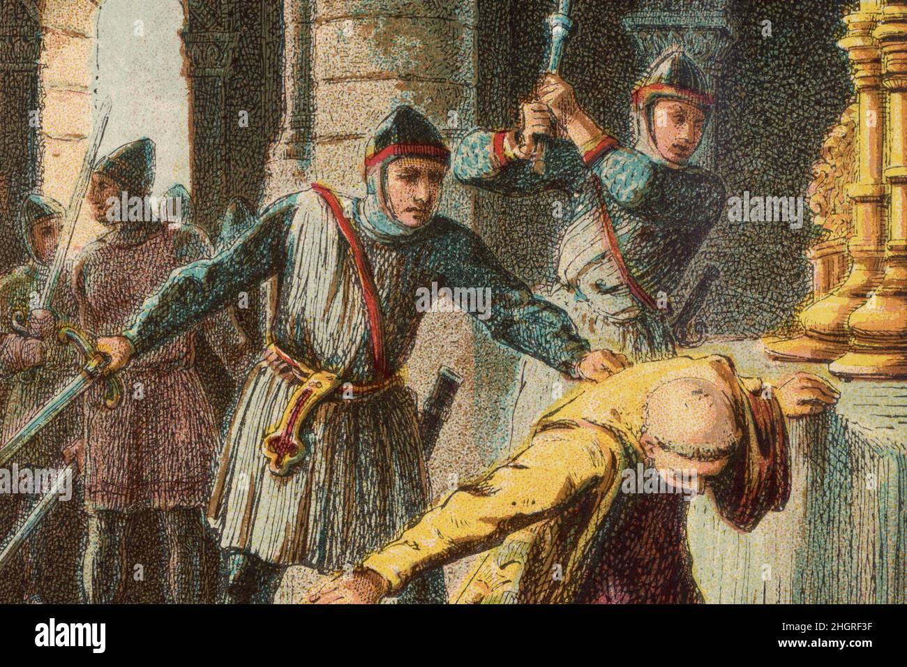Der Mord an Thomas Becket (auch bekannt als St. Thomas von Canterbury, Thomas von London und später Thomas Ã Becket) war von 1162 bis zu seinem Mord im Jahr 1170 Erzbischof von Canterbury. Er widersprach Heinrich II. Von England über die Rechte und Privilegien der Kirche und wurde von Anhängern des Königs in der Kathedrale von Canterbury ermordet. Stockfoto