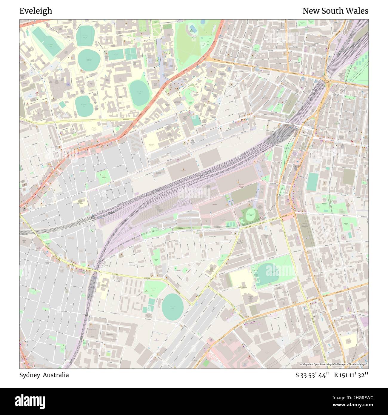 Eveleigh, Sydney, Australien, New South Wales, S 33 53' 44'', E 151 11' 32'', map, Timeless Map veröffentlicht im Jahr 2021. Reisende, Entdecker und Abenteurer wie Florence Nightingale, David Livingstone, Ernest Shackleton, Lewis and Clark und Sherlock Holmes haben sich bei der Planung von Reisen zu den entlegensten Ecken der Welt auf Karten verlassen.Timeless Maps kartiert die meisten Orte auf der Welt und zeigt die Verwirklichung großer Träume Stockfoto