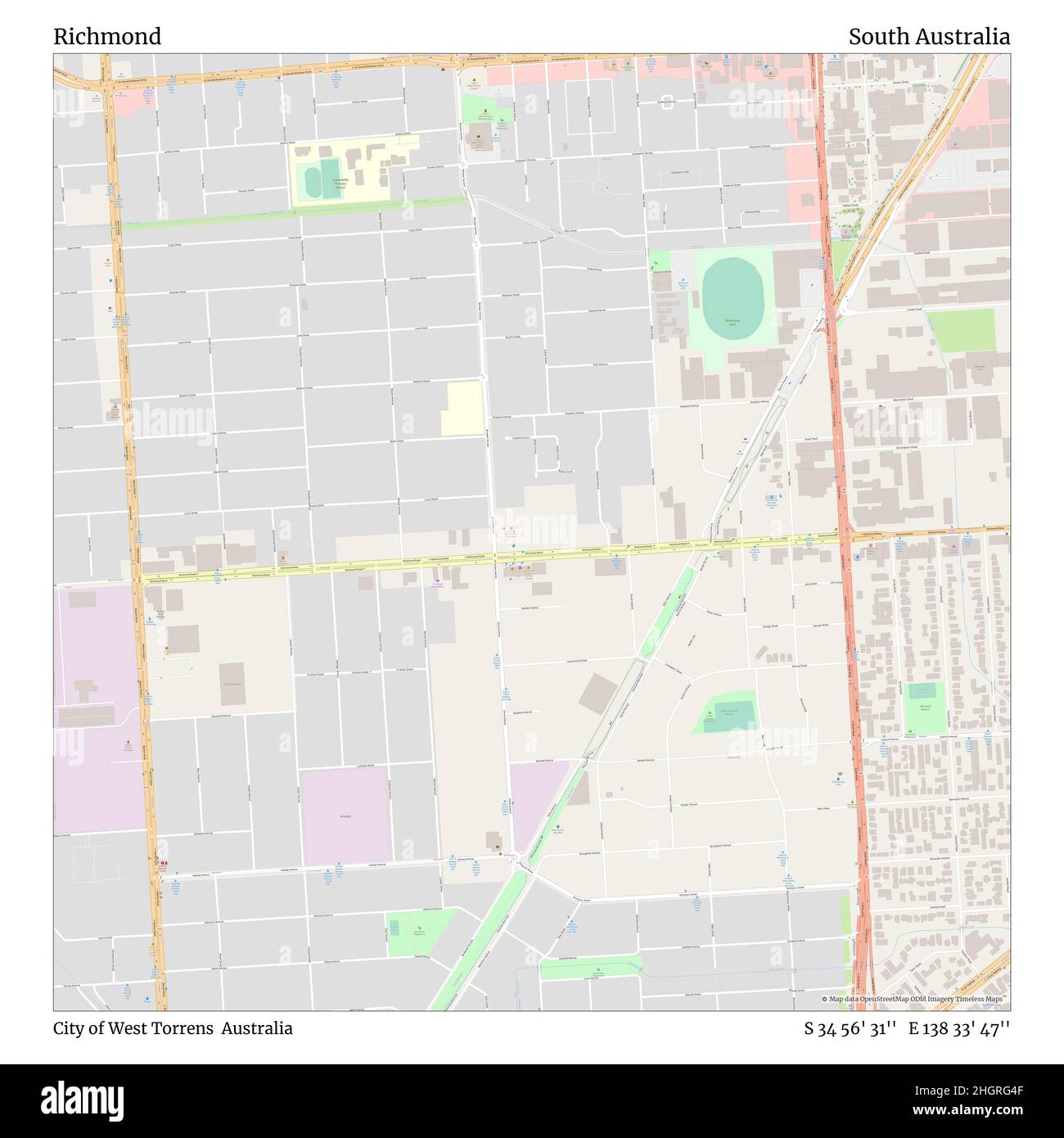 Richmond, City of West Torrens, Australien, South Australia, S 34 56' 31'', E 138 33' 47'', map, Timeless Map veröffentlicht im Jahr 2021. Reisende, Entdecker und Abenteurer wie Florence Nightingale, David Livingstone, Ernest Shackleton, Lewis and Clark und Sherlock Holmes haben sich bei der Planung von Reisen zu den entlegensten Ecken der Welt auf Karten verlassen.Timeless Maps kartiert die meisten Orte auf der Welt und zeigt die Verwirklichung großer Träume Stockfoto