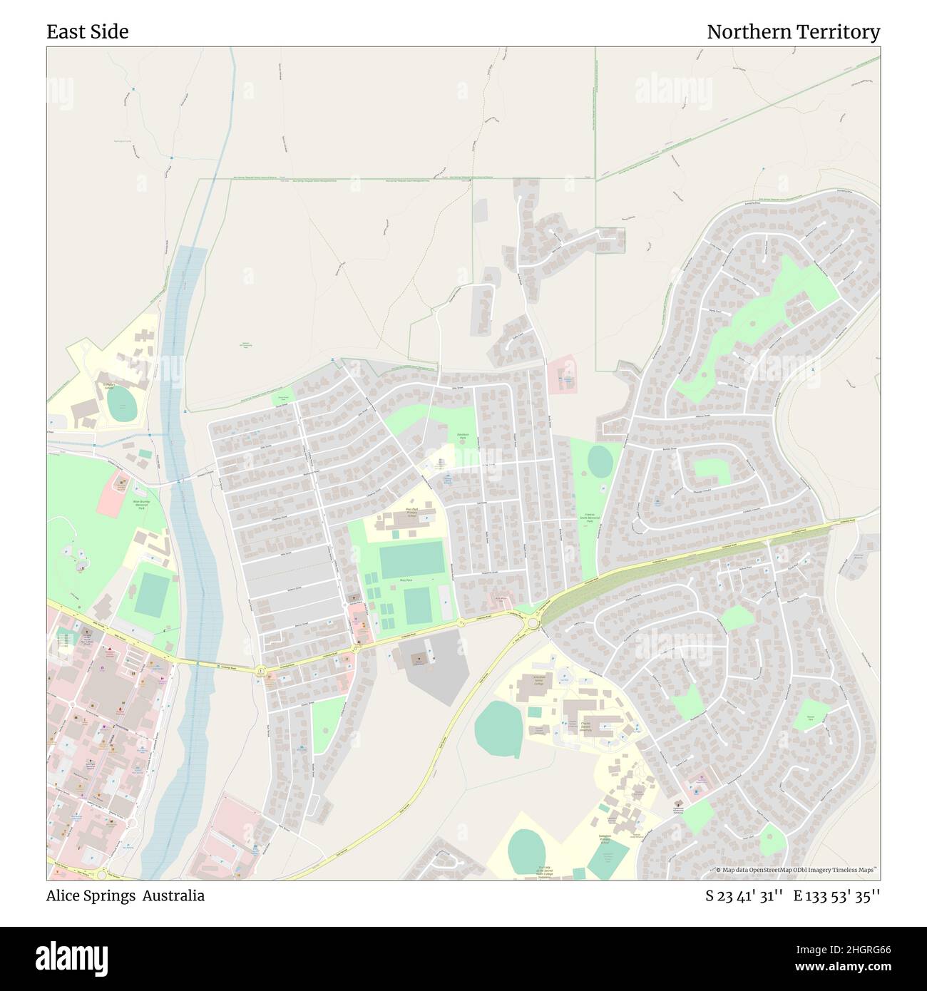 East Side, Alice Springs, Australien, Northern Territory, S 23 41' 31'', E 133 53' 35'', Karte, Timeless Map veröffentlicht im Jahr 2021. Reisende, Entdecker und Abenteurer wie Florence Nightingale, David Livingstone, Ernest Shackleton, Lewis and Clark und Sherlock Holmes haben sich bei der Planung von Reisen zu den entlegensten Ecken der Welt auf Karten verlassen.Timeless Maps kartiert die meisten Orte auf der Welt und zeigt die Verwirklichung großer Träume Stockfoto