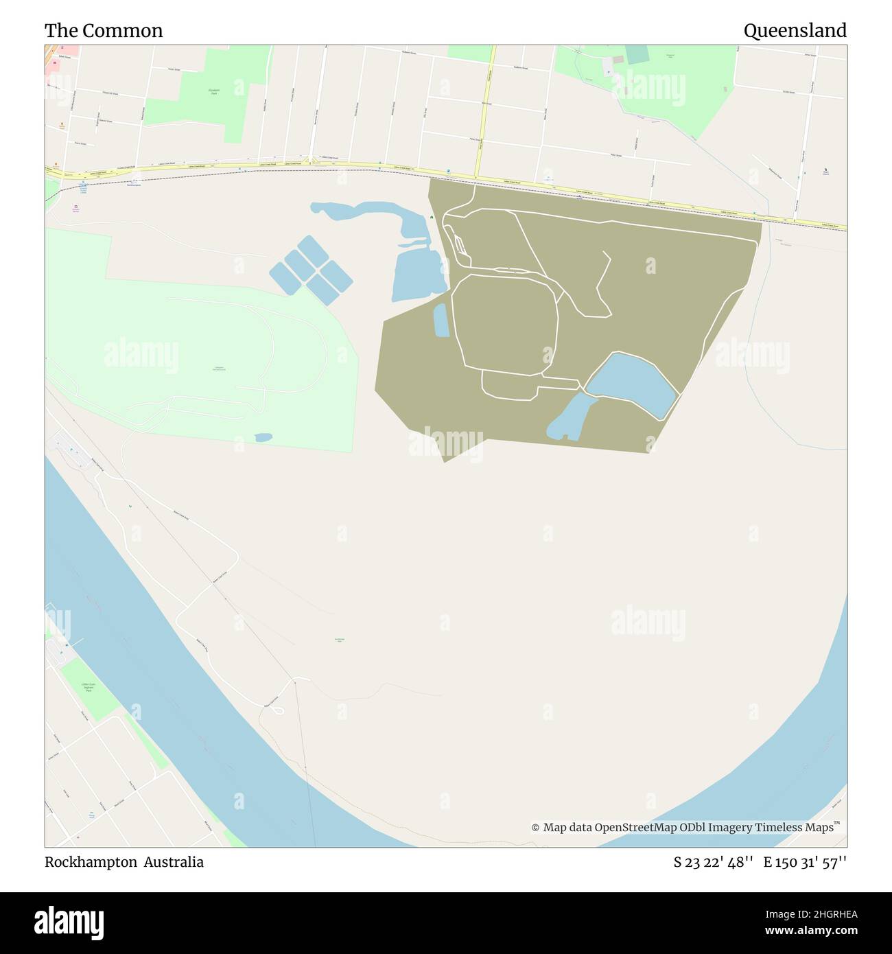 The Common, Rockhampton, Australien, Queensland, S 23 22' 48'', E 150 31' 57'', map, Timeless Map veröffentlicht im Jahr 2021. Reisende, Entdecker und Abenteurer wie Florence Nightingale, David Livingstone, Ernest Shackleton, Lewis and Clark und Sherlock Holmes haben sich bei der Planung von Reisen zu den entlegensten Ecken der Welt auf Karten verlassen.Timeless Maps kartiert die meisten Orte auf der Welt und zeigt die Verwirklichung großer Träume Stockfoto