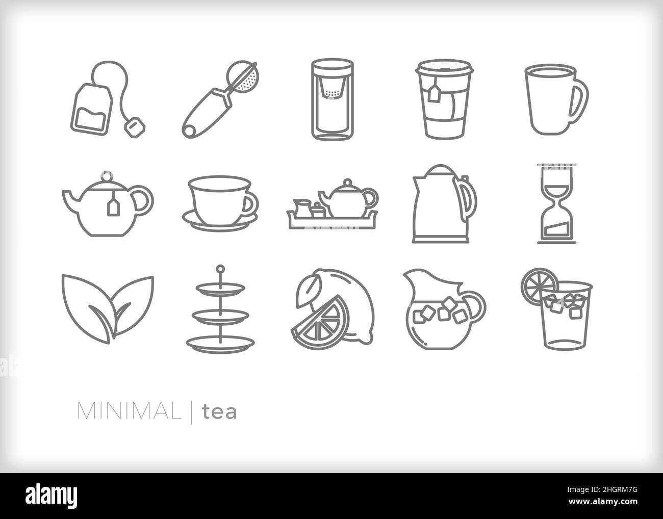 Set mit Teesymbolen zum Brühen eines Teebeckens oder losen Tees für ein heißes Getränk oder zum Servieren von Eistee Stock Vektor