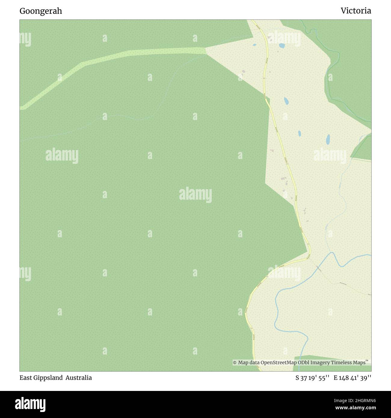 Goongerah, East Gippsland, Australien, Victoria, S 37 19' 55'', E 148 41' 39'', map, Timeless Map veröffentlicht im Jahr 2021. Reisende, Entdecker und Abenteurer wie Florence Nightingale, David Livingstone, Ernest Shackleton, Lewis and Clark und Sherlock Holmes haben sich bei der Planung von Reisen zu den entlegensten Ecken der Welt auf Karten verlassen.Timeless Maps kartiert die meisten Orte auf der Welt und zeigt die Verwirklichung großer Träume Stockfoto