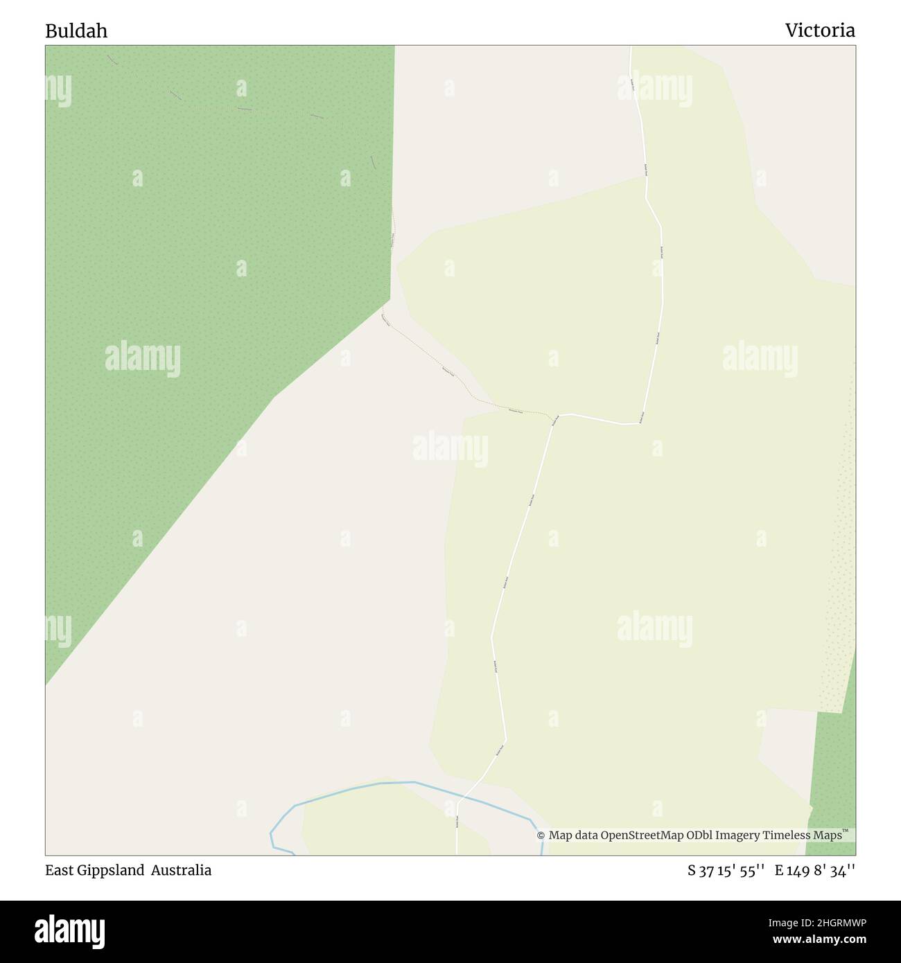 Buldah, East Gippsland, Australien, Victoria, S 37 15' 55'', E 149 8' 34'', map, Timeless Map veröffentlicht im Jahr 2021. Reisende, Entdecker und Abenteurer wie Florence Nightingale, David Livingstone, Ernest Shackleton, Lewis and Clark und Sherlock Holmes haben sich bei der Planung von Reisen zu den entlegensten Ecken der Welt auf Karten verlassen.Timeless Maps kartiert die meisten Orte auf der Welt und zeigt die Verwirklichung großer Träume Stockfoto