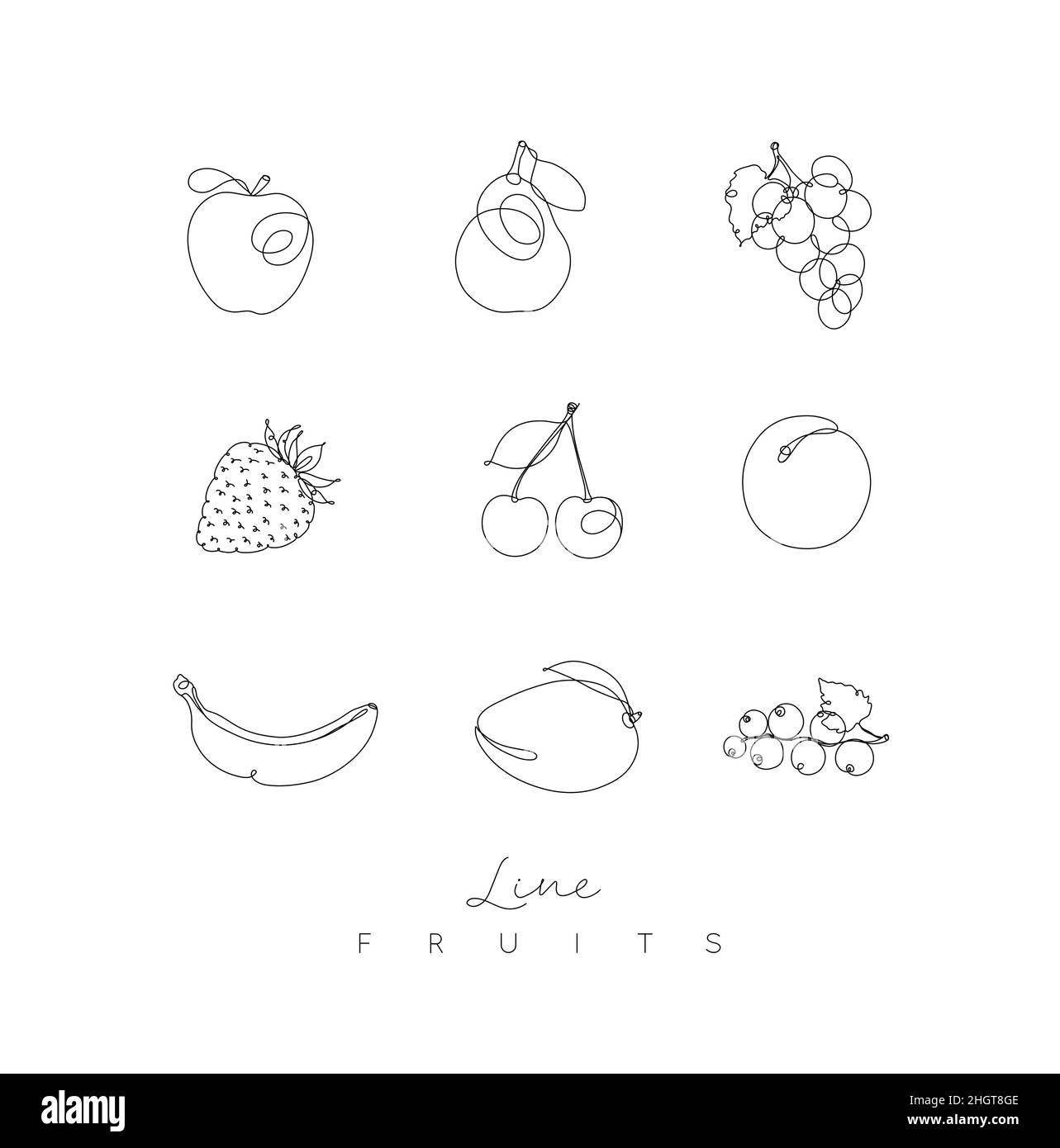 Früchte Ikonen Apfel, Birne, Traube, Erdbeere, Kirsche, Aprikose, Banane, Mango, Johannisbeere im Zeichenstil der Stiftlinie auf weißem Hintergrund Stock Vektor
