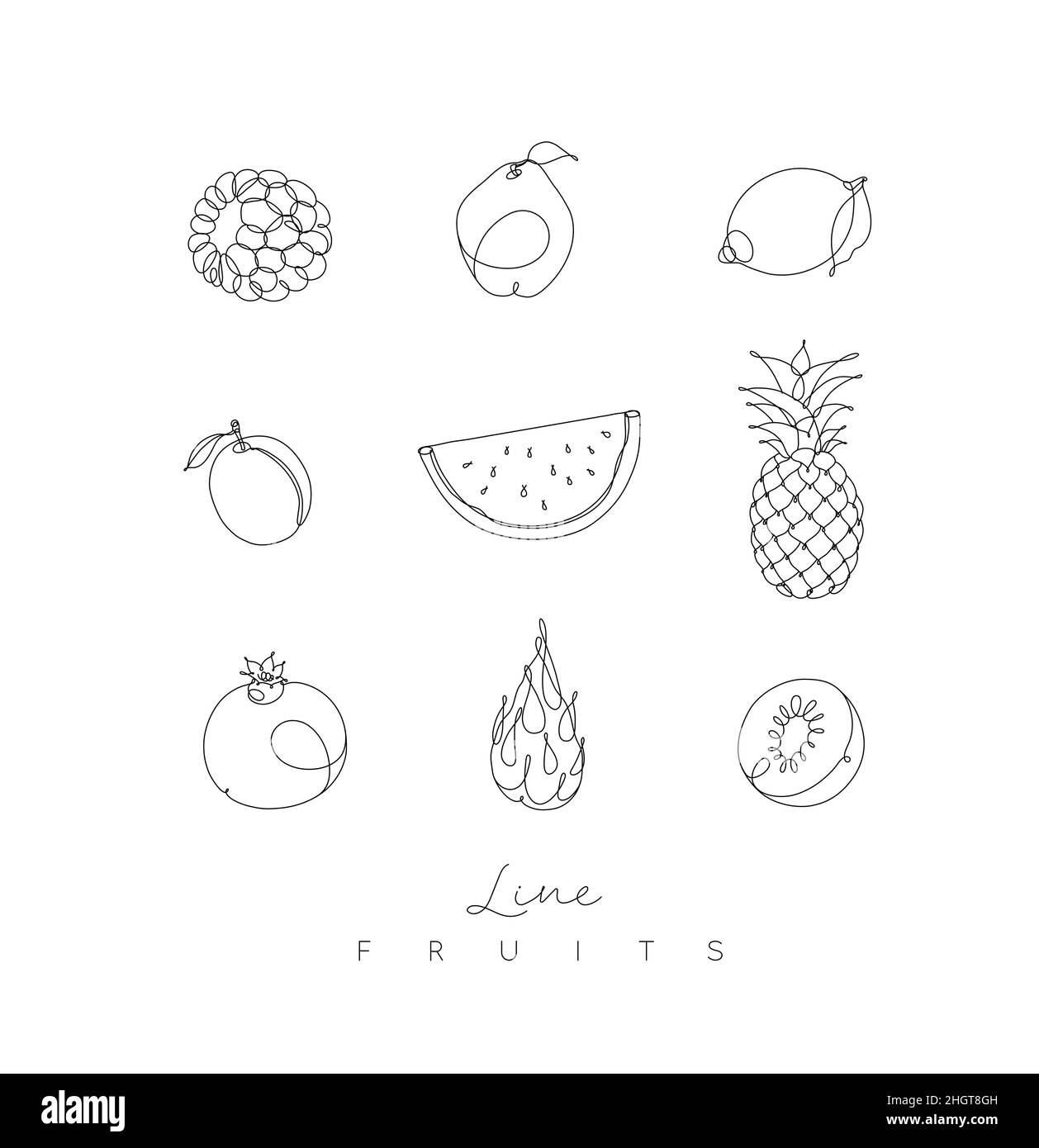 Symbole für Früchte Brombeere, Quitte, Zitrone, Pflaume, Wassermelone, Ananas, Granatapfel, Drachenfrucht, Kiwi im Zeichenstil der Stiftlinie auf weißem Hintergrund Stock Vektor