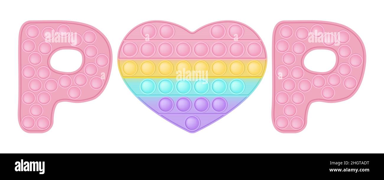 Zeichen der POP Liebe Herz Symbol Symbol des Valentinstag im Stil von Pop it modische Silikon Fidget Spielzeug. Die Figur der Herzen ist rosa. Ve Stock Vektor