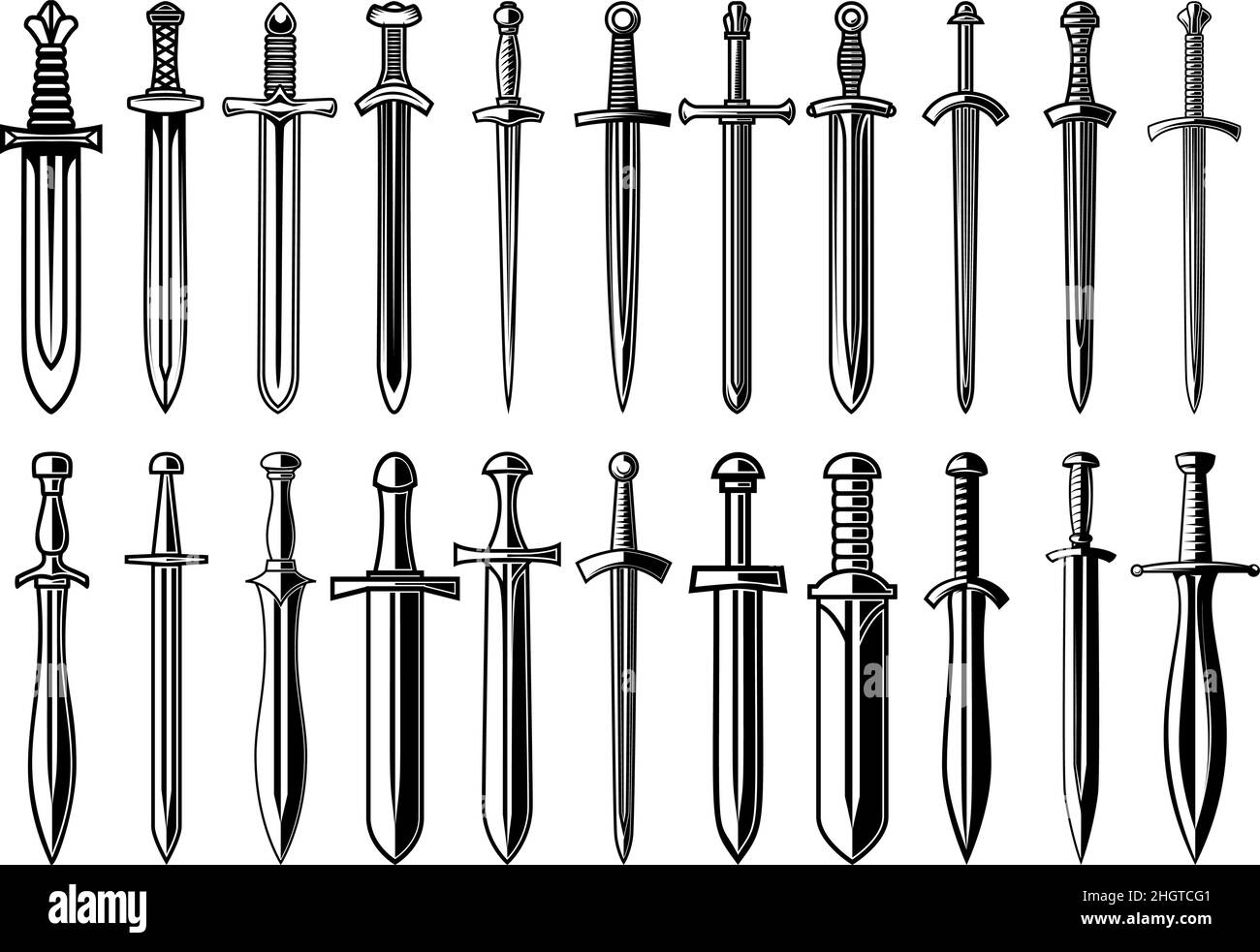 Satz von Illustrationen mittelalterlicher Schwerter. Gestaltungselement für Plakat, Karte, Banner, Emblem, Schild. Vektorgrafik Stock Vektor