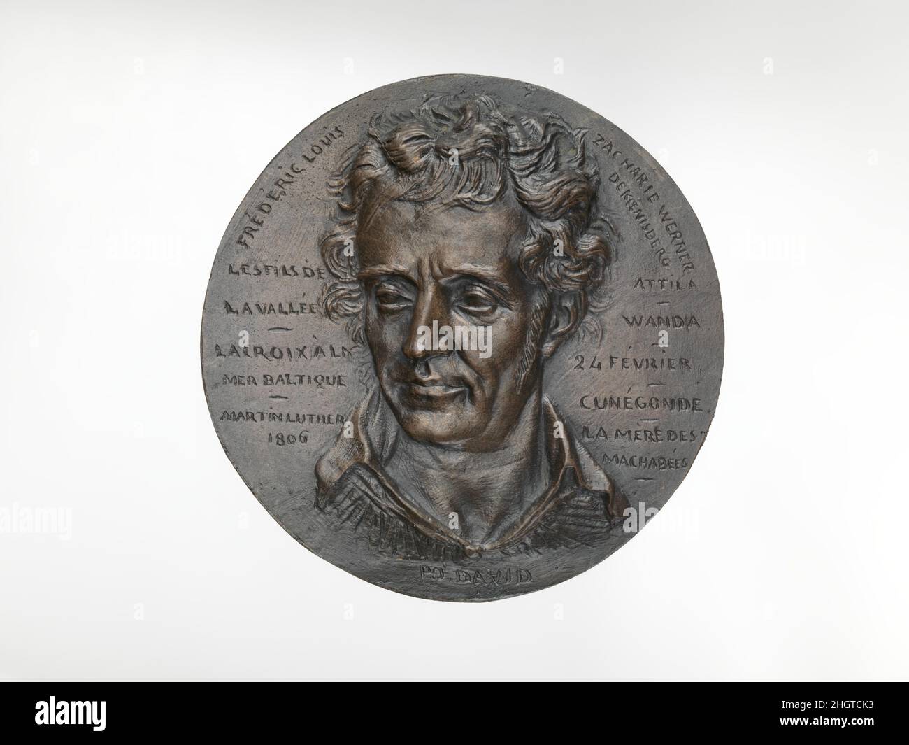 Friedrich Ludwig Zacharias Werner (1768–1823) 19th. Jahrhundert Medaillengewinnerin: Pierre Jean David d'Angers Französisch Pierre-Jean David d'Angers war der produktivste und einer der bedeutendsten französischen Bildhauer der ersten Hälfte des 19. Jahrhunderts. Während seiner fast fünfzigjährigen Karriere (1819–1856) blieb David seiner Überzeugung treu, dass skulpturale Denkmäler, die den Leistungen großer Männer und Frauen gewidmet sind, die Größe eines Volkes am dauerhaftesten und lebhaftesten zum Ausdruck bringen. Er suchte ständig Aufträge für Denkmäler, die historische und zeitgenössische Figuren darstellen, die er bewunderte, um Stockfoto