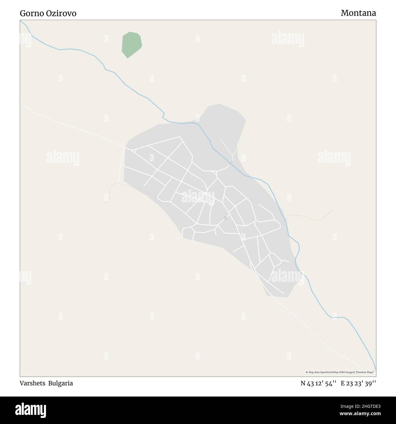 Gorno Ozirovo, Varshets, Bulgarien, Montana, N 43 12' 54'', E 23 23' 39'', map, Timeless Map veröffentlicht im Jahr 2021. Reisende, Entdecker und Abenteurer wie Florence Nightingale, David Livingstone, Ernest Shackleton, Lewis and Clark und Sherlock Holmes haben sich bei der Planung von Reisen zu den entlegensten Ecken der Welt auf Karten verlassen.Timeless Maps kartiert die meisten Orte auf der Welt und zeigt die Verwirklichung großer Träume Stockfoto