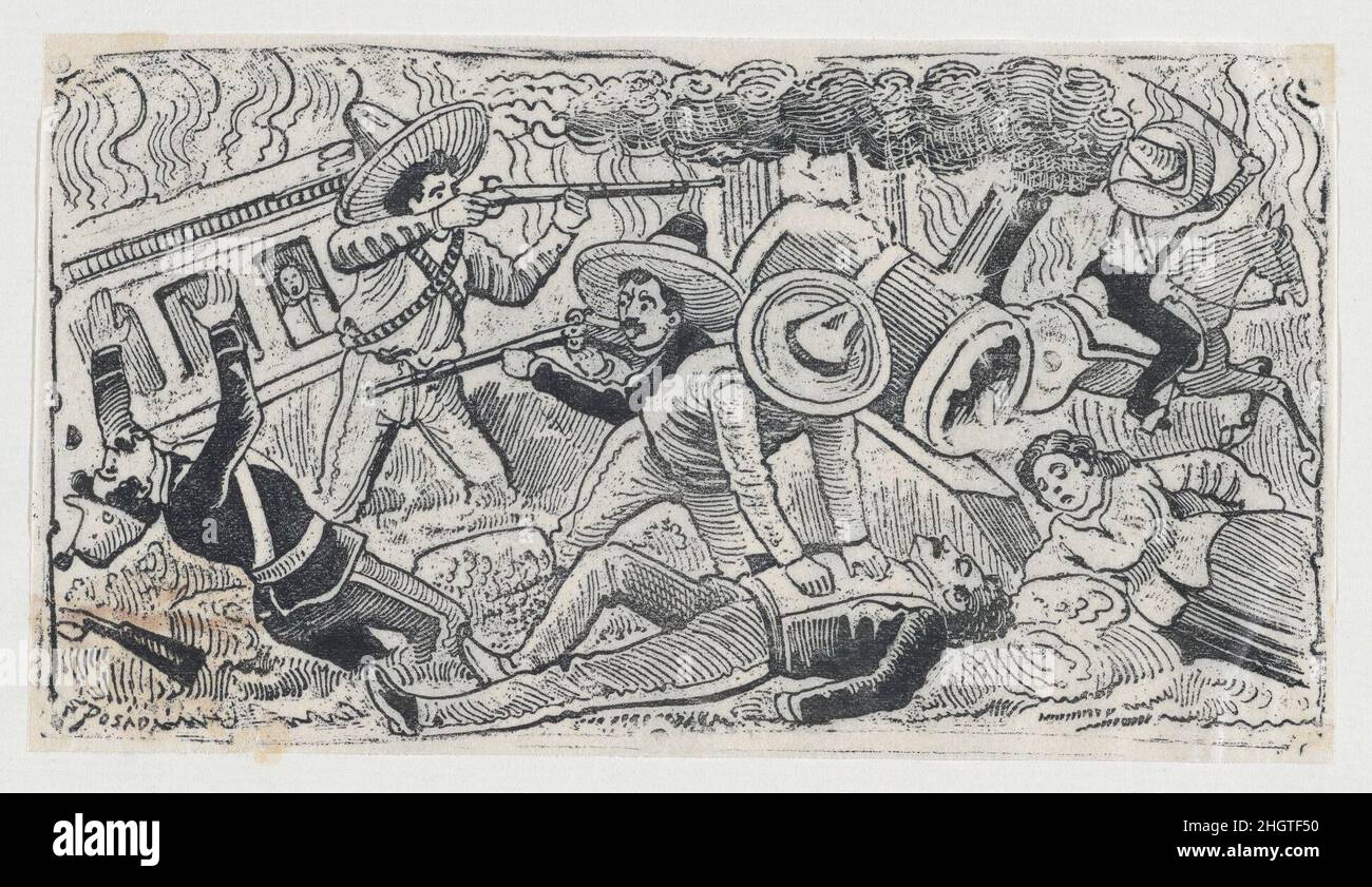 Emiliano Zapatas Anhänger greifen einen Zug an, Szene aus der mexikanischen Revolution ca. 1911 José Guadalupe Posada. Emiliano Zapatas Anhänger greifen einen Zug an, Szene aus der mexikanischen Revolution. José Guadalupe Posada (mexikanisch, 1851–1913). Ca. 1911. Metallplatte Gravur. Ausdrucke Stockfoto