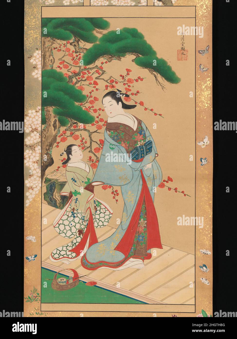 Kurtisane und Aufseher im frühen Frühjahr Anfang 18th Jahrhundert Kakond?. Kurtisane und Aufsichtsperson im Frühjahr. Kakond? (Japanisch, aktiv 1716–36). Japan. Anfang des 18th. Jahrhunderts. Hängende Schriftrolle; Tinte, Farbe und Gold auf Papier. Edo-Zeitraum (1615–1868). Gemälde Stockfoto