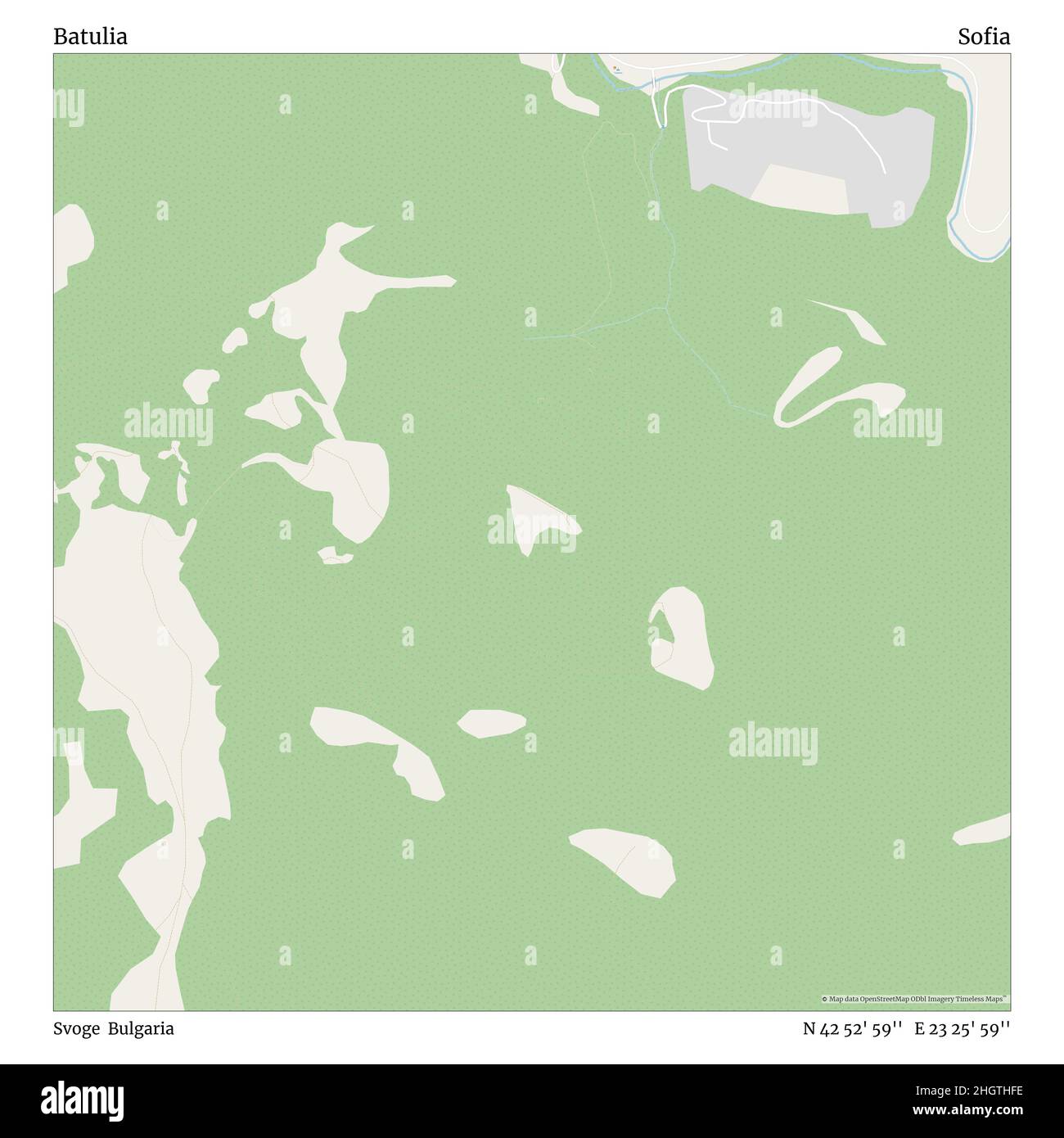 Batulia, Svoge, Bulgarien, Sofia, N 42 52' 59'', E 23 25' 59'', map, Timeless Map veröffentlicht im Jahr 2021. Reisende, Entdecker und Abenteurer wie Florence Nightingale, David Livingstone, Ernest Shackleton, Lewis and Clark und Sherlock Holmes haben sich bei der Planung von Reisen zu den entlegensten Ecken der Welt auf Karten verlassen.Timeless Maps kartiert die meisten Orte auf der Welt und zeigt die Verwirklichung großer Träume Stockfoto