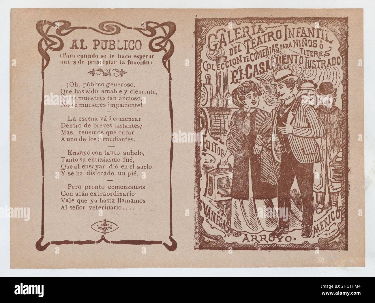 Cover für 'El Casamiento Fustrado', ein Mann und eine Frau, die Arm in Arm gehen, ein Zug im Hintergrund ca. 1890–1910 José Guadalupe Posada. Cover für 'El Casamiento Fustrado', ein Mann und eine Frau, die Arm in Arm gehen, ein Zug im Hintergrund. José Guadalupe Posada (mexikanisch, 1851–1913). Ca. 1890–1910. Fotorelief und Buchdruck in brauner Tinte auf braunem Papier. Antonio Vanegas Arroyo (1850–1917, Mexikanisch). Ausdrucke Stockfoto