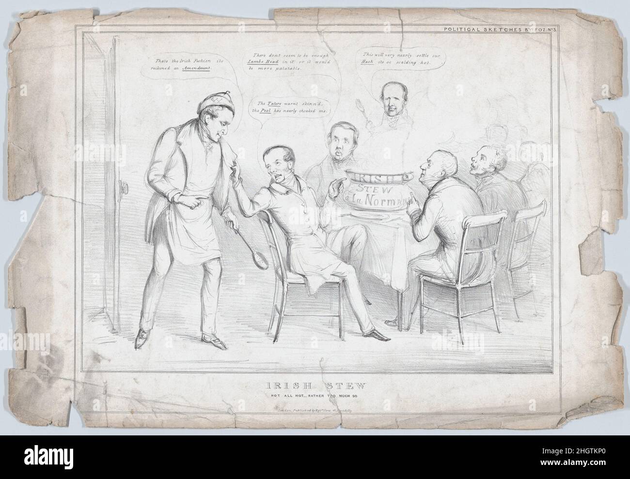 Irischer Eintopf: Nicht alles heiß – eher zu viel, so gut. 1840 Mss. Fores Diese von Fores veröffentlichte politische Satire kommentiert die politischen Reaktionen auf die Hungersnot in Irish Potato. Ein Mann, der links mit einem Löffel steht (wahrscheinlich William Lamb, Viscount Melbourne, Premierminister 1834-41), sagt: „das ist die irische Mode, Sie rechnete mit einem Änderungsantrag“, während andere, die an einem Tisch in der Nähe eines riesigen Beckens mit der Aufschrift „Irish Stew à la Normande“ saßen, sagten: „die Taters wollen gehäutet werden und das Peel hat mich fast erstickt“, „Es scheint nicht genügend Lämmer mit Kopf darin zu sein, sonst wäre es schmackhafter“, Und 'das wird unser Hash i fast regeln Stockfoto