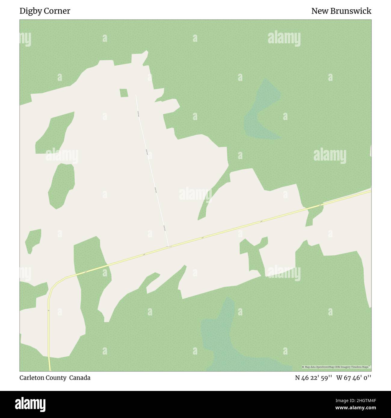 Digby Corner, Carleton County, Kanada, New Brunswick, N 46 22' 59'', W 67 46' 0'', map, Timeless Map veröffentlicht im Jahr 2021. Reisende, Entdecker und Abenteurer wie Florence Nightingale, David Livingstone, Ernest Shackleton, Lewis and Clark und Sherlock Holmes haben sich bei der Planung von Reisen zu den entlegensten Ecken der Welt auf Karten verlassen.Timeless Maps kartiert die meisten Orte auf der Welt und zeigt die Verwirklichung großer Träume Stockfoto