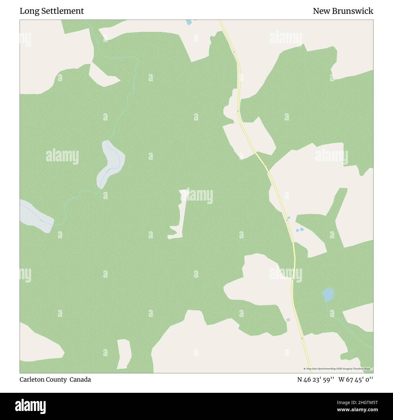 Long Settlement, Carleton County, Kanada, New Brunswick, N 46 23' 59'', W 67 45' 0'', map, Timeless Map veröffentlicht im Jahr 2021. Reisende, Entdecker und Abenteurer wie Florence Nightingale, David Livingstone, Ernest Shackleton, Lewis and Clark und Sherlock Holmes haben sich bei der Planung von Reisen zu den entlegensten Ecken der Welt auf Karten verlassen.Timeless Maps kartiert die meisten Orte auf der Welt und zeigt die Verwirklichung großer Träume Stockfoto