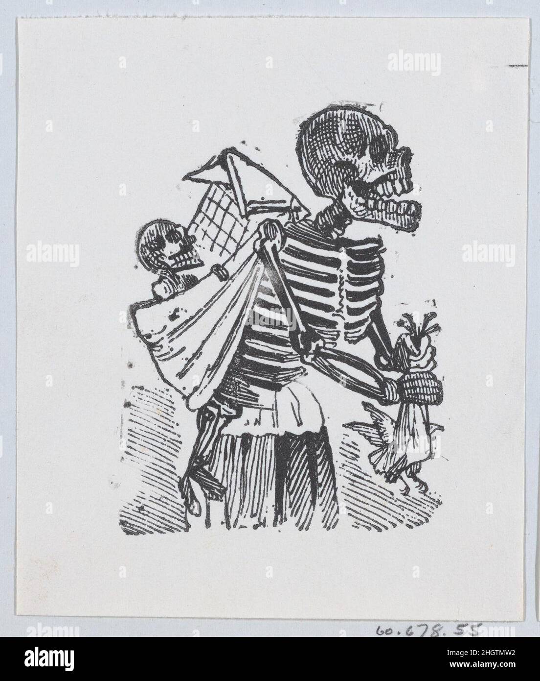 Ein Skelett, das auf einem Feld pflückt, während es ein Babyskelett auf ihrem Rücken trägt, ca. 1880–1910 José Guadalupe Posada. Ein Skelett, das auf einem Feld pflückt, trägt ein Baby-Skelett auf ihrem Rücken. José Guadalupe Posada (mexikanisch, 1851–1913). Ca. 1880–1910. Holzstich. Ausdrucke Stockfoto
