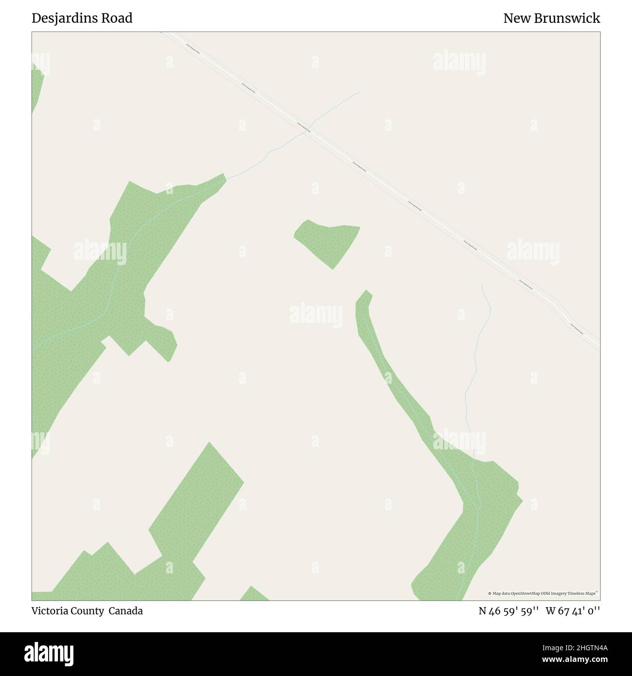 Desjardins Road, Victoria County, Kanada, New Brunswick, N 46 59' 59'', W 67 41' 0'', map, Timeless Map veröffentlicht im Jahr 2021. Reisende, Entdecker und Abenteurer wie Florence Nightingale, David Livingstone, Ernest Shackleton, Lewis and Clark und Sherlock Holmes haben sich bei der Planung von Reisen zu den entlegensten Ecken der Welt auf Karten verlassen.Timeless Maps kartiert die meisten Orte auf der Welt und zeigt die Verwirklichung großer Träume Stockfoto