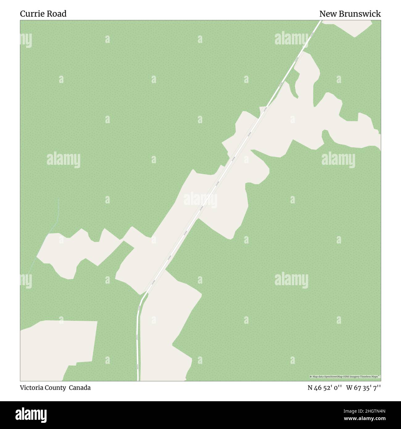 Currie Road, Victoria County, Kanada, New Brunswick, N 46 52' 0'', W 67 35' 7'', map, Timeless Map veröffentlicht im Jahr 2021. Reisende, Entdecker und Abenteurer wie Florence Nightingale, David Livingstone, Ernest Shackleton, Lewis and Clark und Sherlock Holmes haben sich bei der Planung von Reisen zu den entlegensten Ecken der Welt auf Karten verlassen.Timeless Maps kartiert die meisten Orte auf der Welt und zeigt die Verwirklichung großer Träume Stockfoto