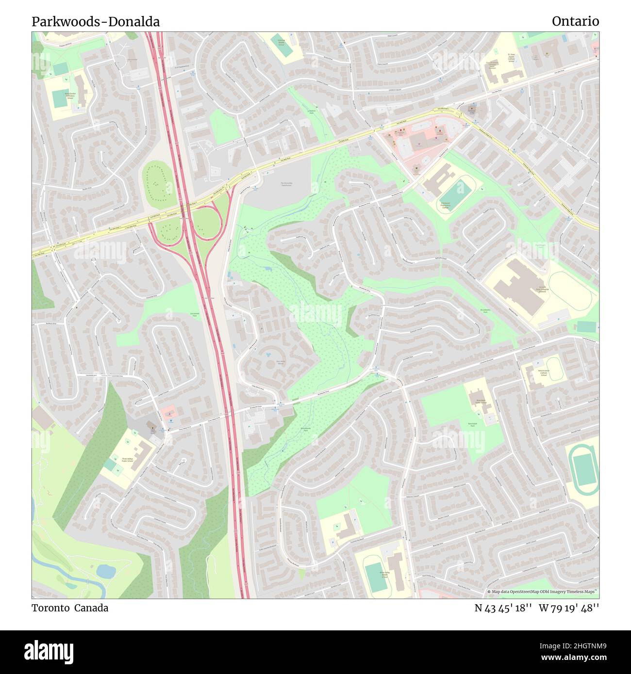 Parkwoods-Donalda, Toronto, Kanada, Ontario, N 43 45' 18'', W 79 19' 48'', map, Timeless Map veröffentlicht im Jahr 2021. Reisende, Entdecker und Abenteurer wie Florence Nightingale, David Livingstone, Ernest Shackleton, Lewis and Clark und Sherlock Holmes haben sich bei der Planung von Reisen zu den entlegensten Ecken der Welt auf Karten verlassen.Timeless Maps kartiert die meisten Orte auf der Welt und zeigt die Verwirklichung großer Träume Stockfoto