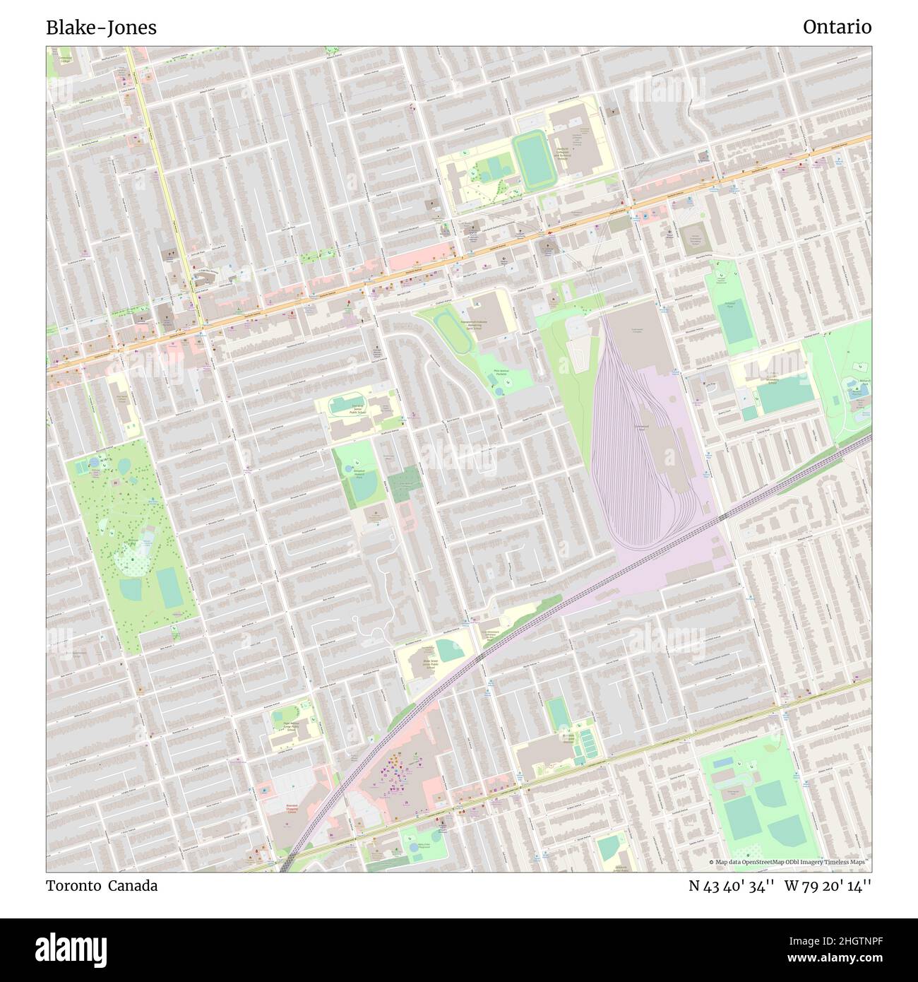 Blake-Jones, Toronto, Kanada, Ontario, N 43 40' 34'', W 79 20' 14'', map, Timeless Map veröffentlicht im Jahr 2021. Reisende, Entdecker und Abenteurer wie Florence Nightingale, David Livingstone, Ernest Shackleton, Lewis and Clark und Sherlock Holmes haben sich bei der Planung von Reisen zu den entlegensten Ecken der Welt auf Karten verlassen.Timeless Maps kartiert die meisten Orte auf der Welt und zeigt die Verwirklichung großer Träume Stockfoto