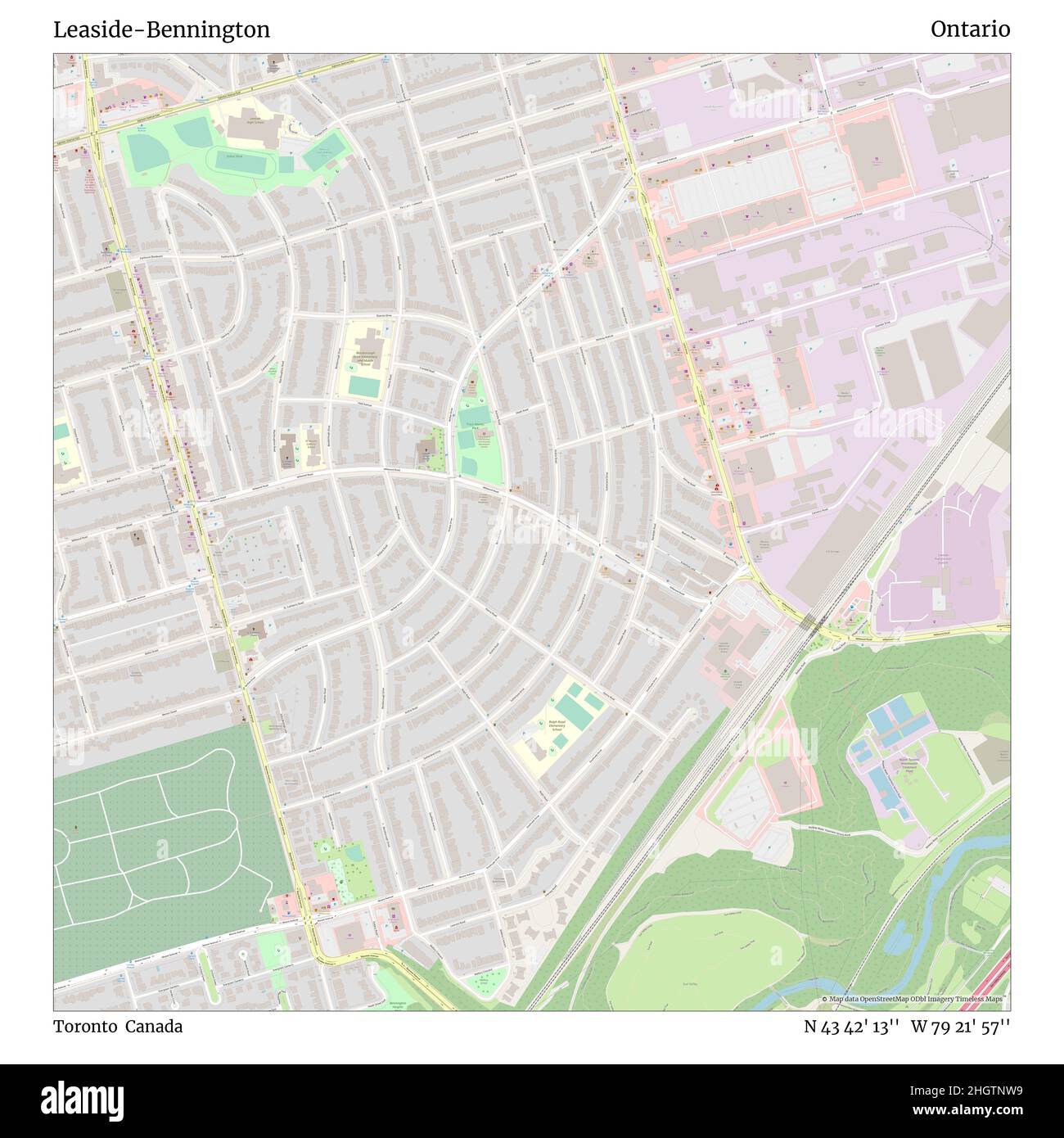 Leaside-Bennington, Toronto, Kanada, Ontario, N 43 42' 13'', W 79 21' 57'', map, Timeless Map veröffentlicht im Jahr 2021. Reisende, Entdecker und Abenteurer wie Florence Nightingale, David Livingstone, Ernest Shackleton, Lewis and Clark und Sherlock Holmes haben sich bei der Planung von Reisen zu den entlegensten Ecken der Welt auf Karten verlassen.Timeless Maps kartiert die meisten Orte auf der Welt und zeigt die Verwirklichung großer Träume Stockfoto