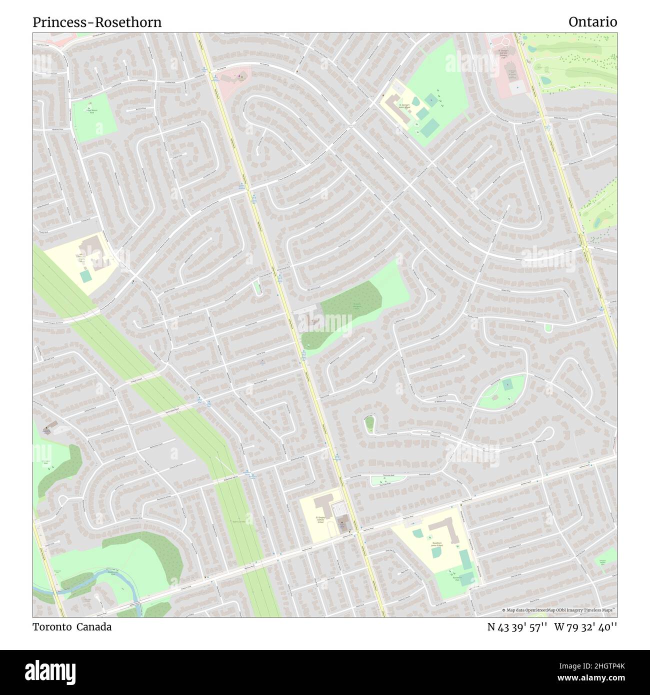 Princess-Rosethorn, Toronto, Kanada, Ontario, N 43 39' 57'', W 79 32' 40'', map, Timeless Map veröffentlicht im Jahr 2021. Reisende, Entdecker und Abenteurer wie Florence Nightingale, David Livingstone, Ernest Shackleton, Lewis and Clark und Sherlock Holmes haben sich bei der Planung von Reisen zu den entlegensten Ecken der Welt auf Karten verlassen.Timeless Maps kartiert die meisten Orte auf der Welt und zeigt die Verwirklichung großer Träume Stockfoto