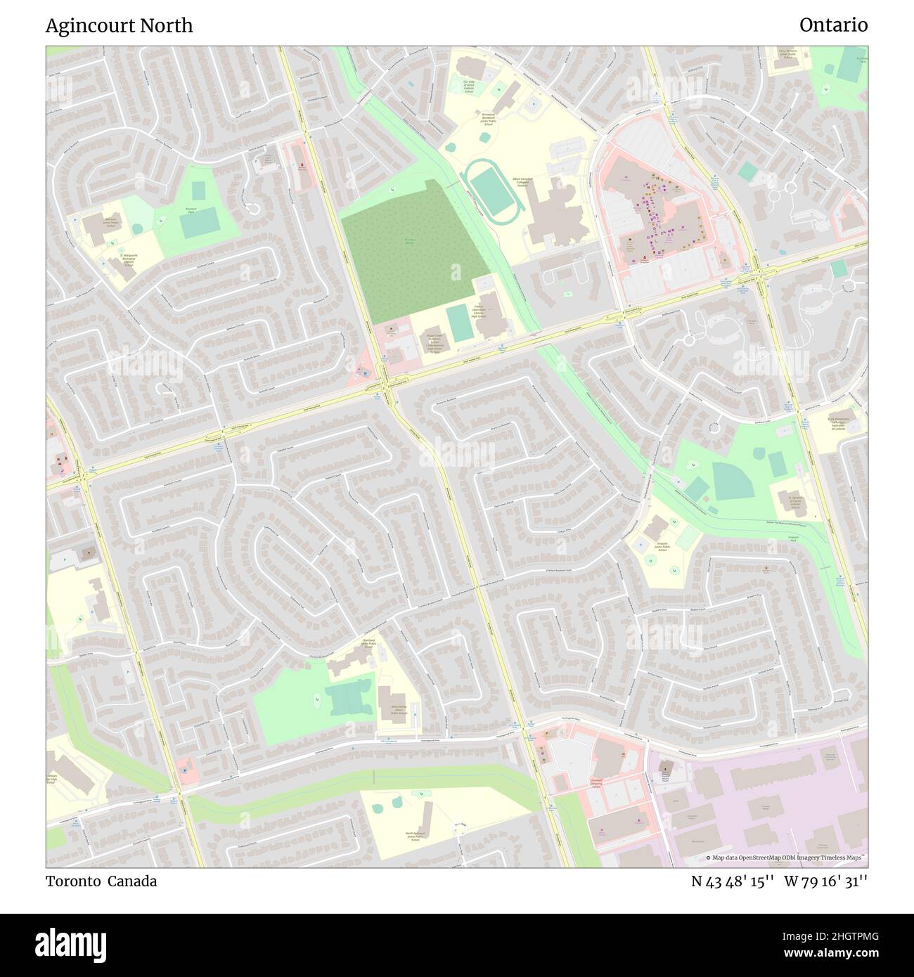 Agincourt North, Toronto, Kanada, Ontario, N 43 48' 15'', W 79 16' 31'', map, Timeless Map veröffentlicht im Jahr 2021. Reisende, Entdecker und Abenteurer wie Florence Nightingale, David Livingstone, Ernest Shackleton, Lewis and Clark und Sherlock Holmes haben sich bei der Planung von Reisen zu den entlegensten Ecken der Welt auf Karten verlassen.Timeless Maps kartiert die meisten Orte auf der Welt und zeigt die Verwirklichung großer Träume Stockfoto