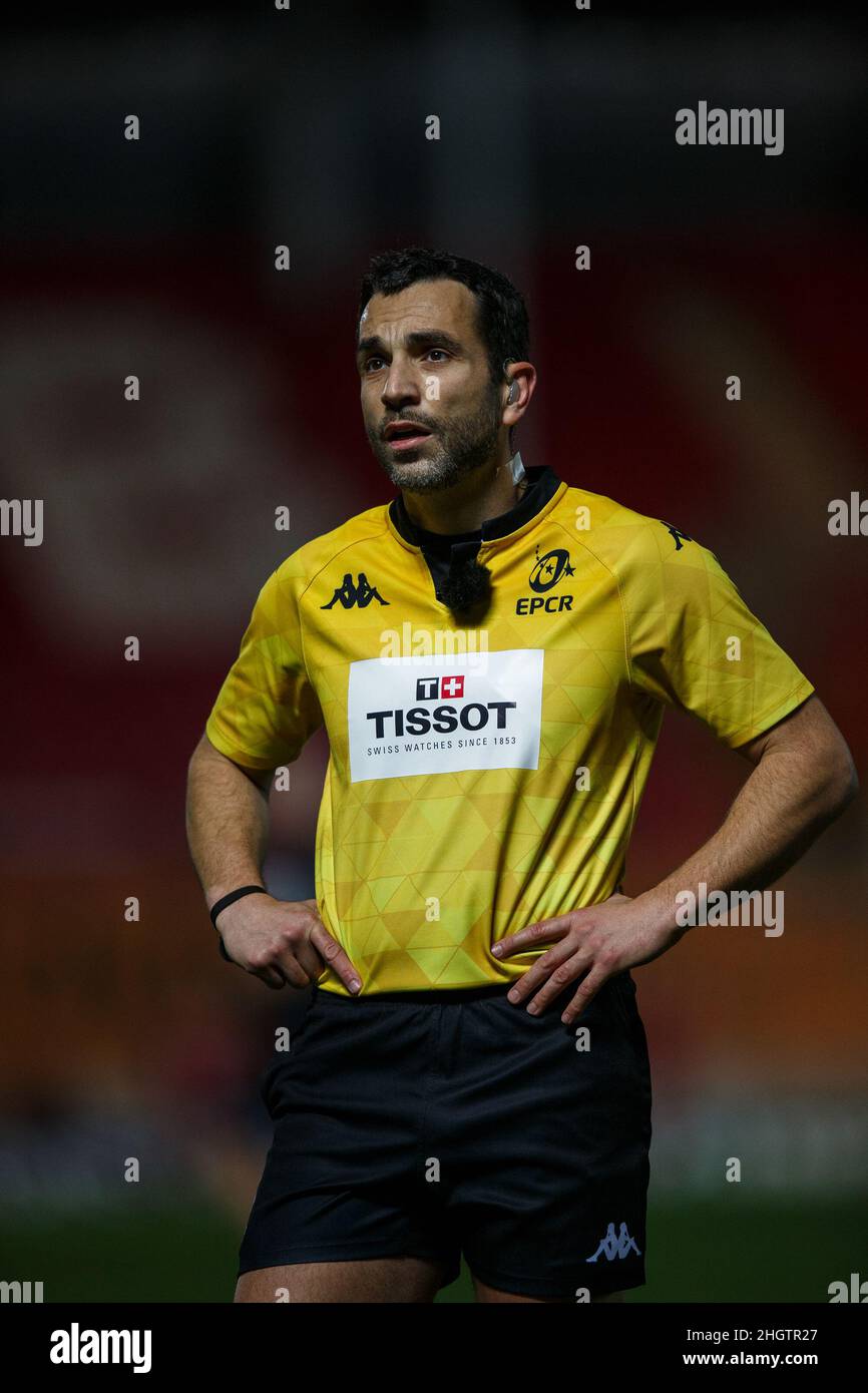 Llanelli, Großbritannien. 22. Januar 2022. Schiedsrichter Mathieu Raynal während des Scarlets gegen Bristol trägt EPCR Champions Cup Rugby Match. Kredit: Gruffydd Thomas/Alamy Stockfoto